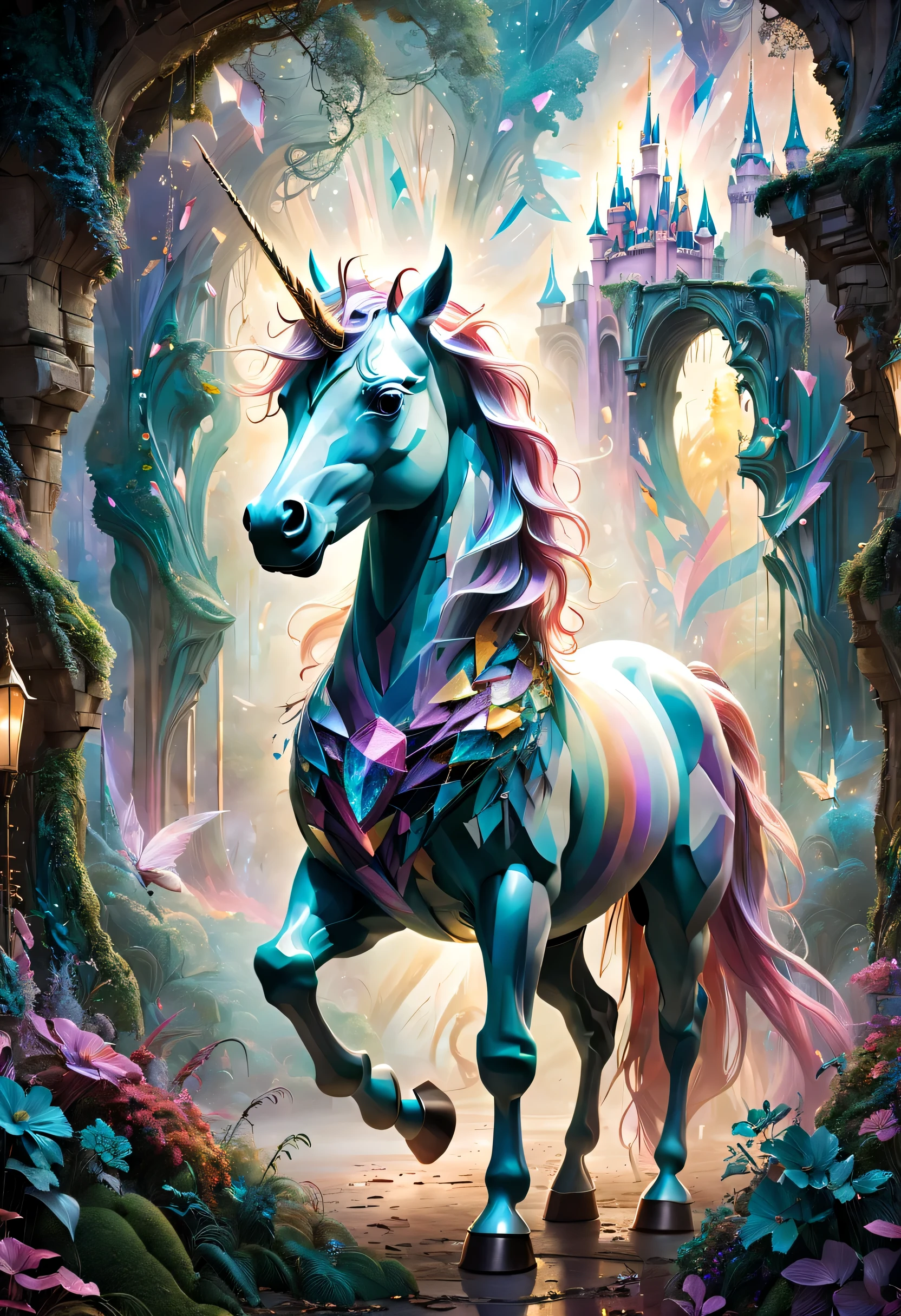 In the heart of enchanted whimsy, a spectral unicorn dances among abstract shards of reality, its ethereal form merging with the conceptual wonderlands of Disney World, offering promise and mystery to all who venture to explore.