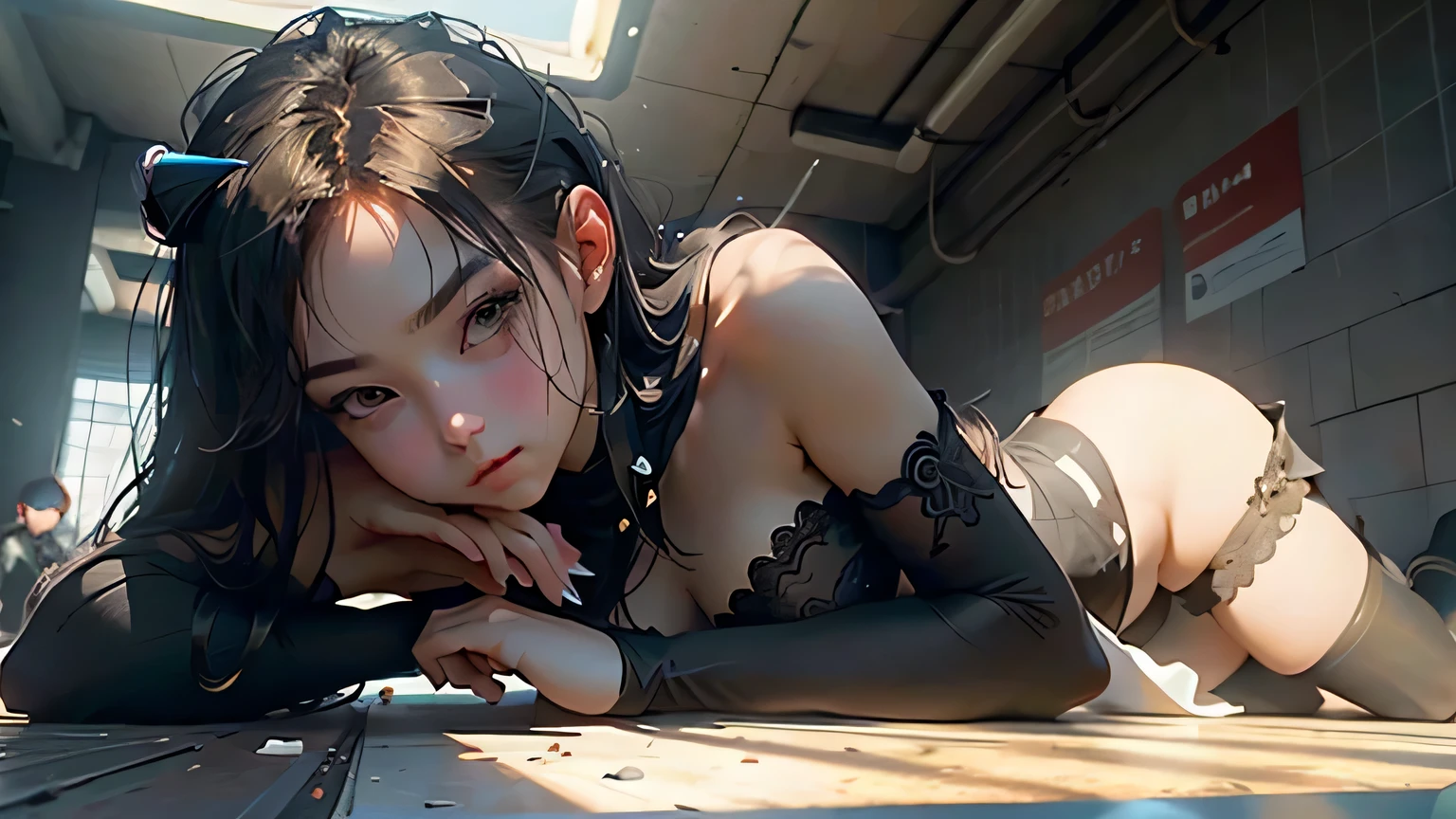 1 girl,subway background,lie on the floor,,side,looking towards the roof,close eyes,black stockings,masterpiece,high resolution,intricate details,Sexy,thin and long,Glazed eyes,global illumination,subsurface scattering,