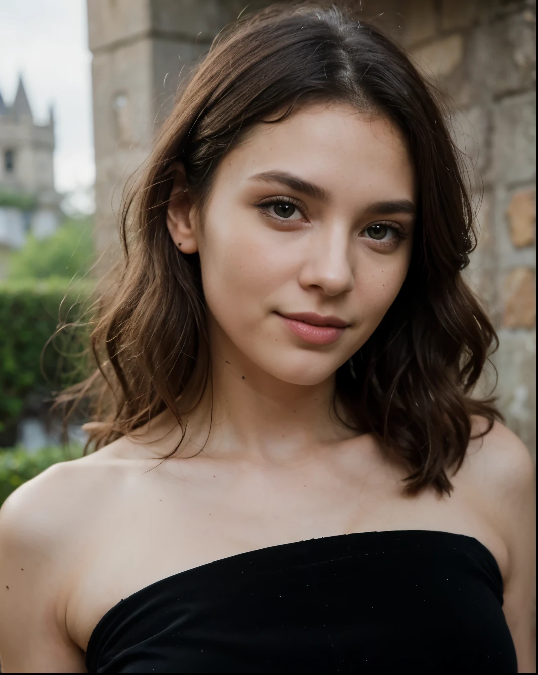 Cute beautiful sexy European light-green-eyed brunette, 22 years old, 


seductive look in eyes, girl wears designer black velvet dress, castle ruins, full body shot, walking, sardonic smile, black velvet dress, pumps,

innocent face, face-length 1.3 times the face-width, almond-shaped eyes, squared face-shape, high cheekbones, naturally wavy hair, light-green eyes, high-res, masterpiece, best quality, intricate details, very detailed, sharp focus, detailed skin, realistic skin texture, texture, detailed eyes, professional, 4k, charming smile, shot with Canon, depth of field, Kodak Vision color, perfectly fitting body, extremely detailed, photo_\( ultra\), photorealistic, realistic, post processing, maximum details, roughness, real life, ultrarealistic, photorealism, photography, 8k UHD, photography
