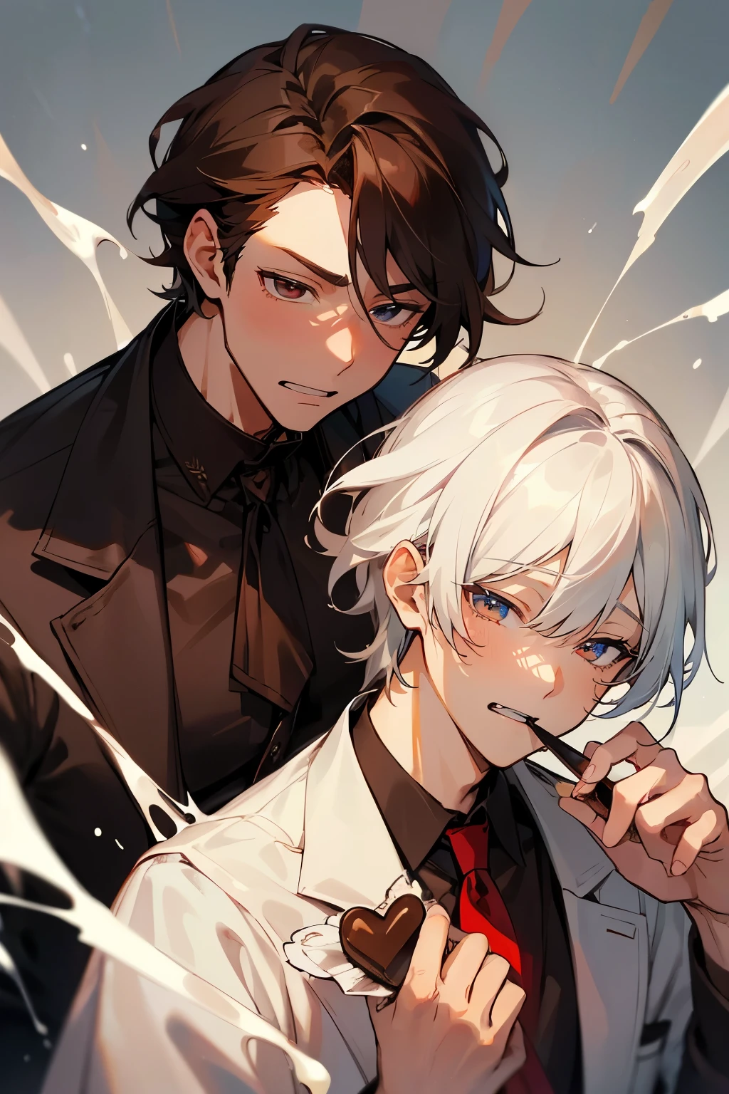 (muste piece), (best quality), very detailed, ((two men in their 20s)), perfect face, beautiful face, happy face，very detailed顔，(Brown-haired man_red eyes:1.3)，(man with white hair_blue eyes:1.3)，wink，milk chocolate，White chocolate，Valentine，ribbon，race，frills，heart，Light，smile，Melted chocolate，Covered in chocolate