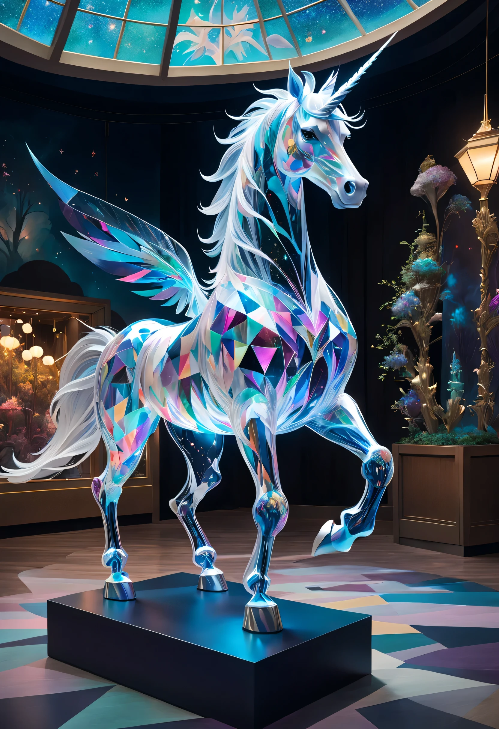 In the heart of enchanted whimsy, a spectral transparent unicorn dances among abstract shards of reality, its ethereal form merging with the conceptual wonderlands of Disney World, offering promise and mystery to all who venture to explore.
