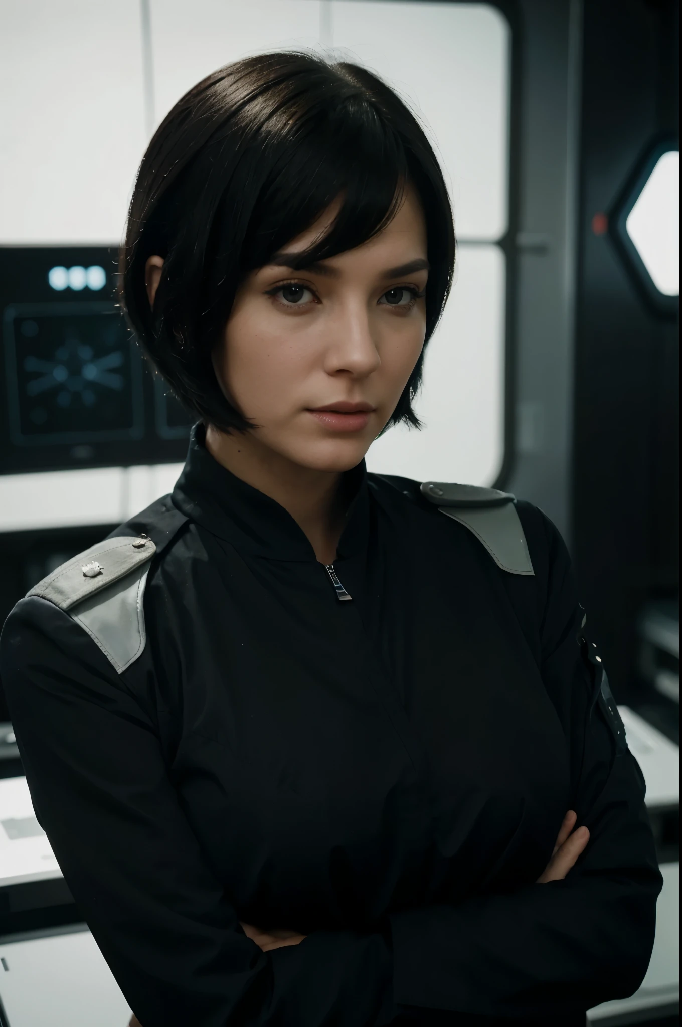 photo of a beautiful white adult strict female starship commander in uniform, Black Hair Bob, Straight back, hands folded on woman'breast