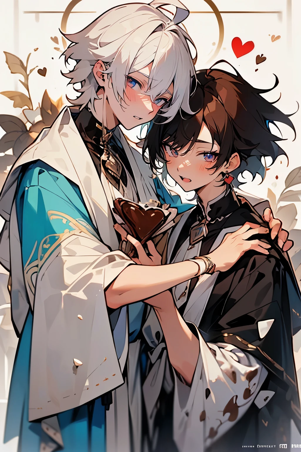 (muste piece), (best quality), very detailed, ((two men in their 20s)), perfect face, beautiful face, happy face，very detailed顔，(Brown-haired man_red eyes:1.3)，(man with white hair_blue eyes:1.3)，wink，milk chocolate，White chocolate，Valentine，ribbon，race，frills，heart，Light，smile，Melted chocolate，Covered in chocolate