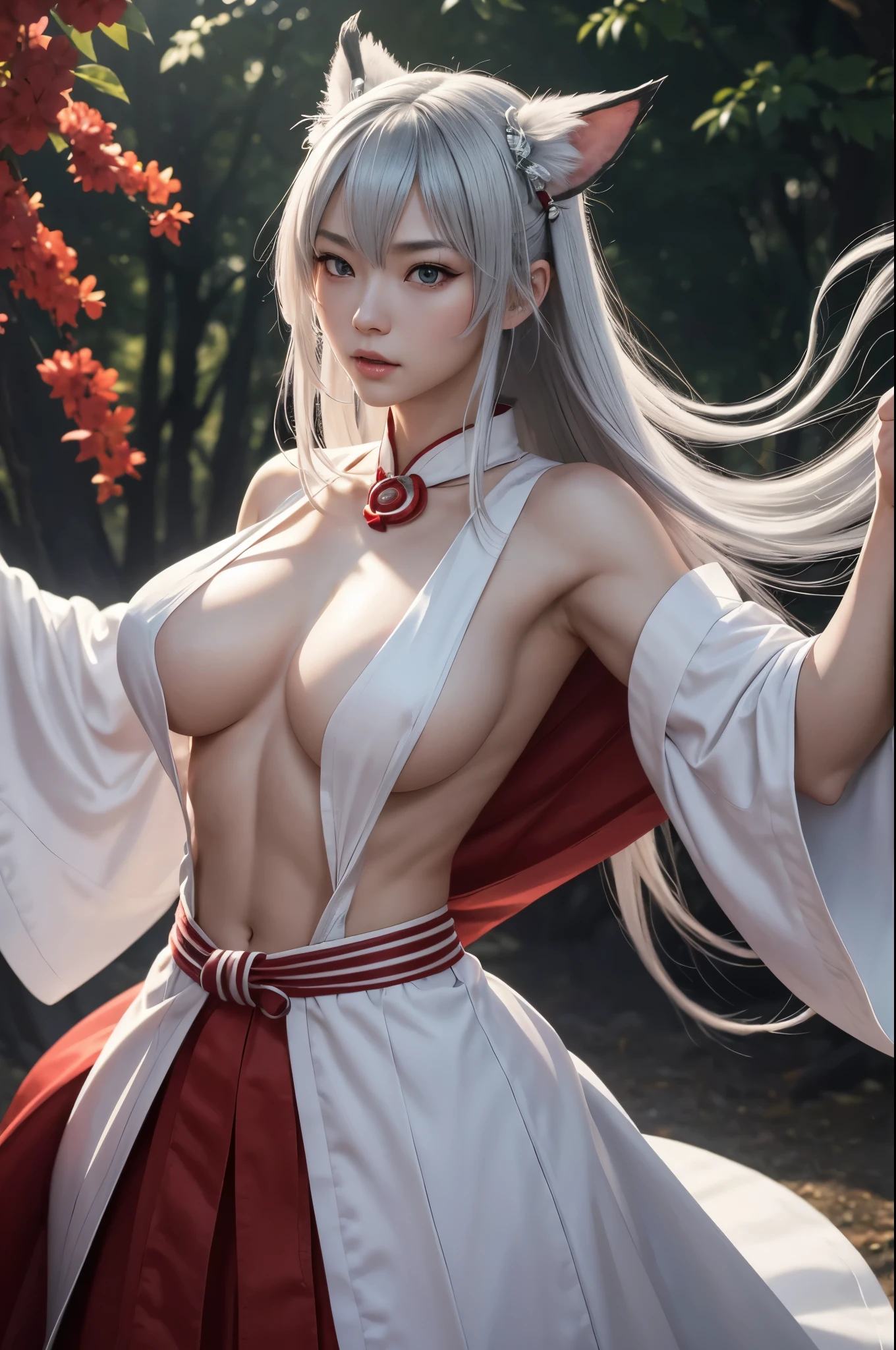 8K,Black light、Real Art、wrathの犬神,combat readiness,readiness to fight,bushido,fighting poseの50歳の女性,very delicate and beautiful成熟した犬神、1 、dog ears,gray hair、Inugami Queen、wrath,Japanese red and white shrine maiden costume,glare at viewer,dynamic angle,Anthropomorphic Inugami Queen、long white hair、super beautiful、(Super A)High resolution、Top image quality)、masterpiece、very delicate and beautiful、attention to detail,rich background,((High resolutionスキン))golden eyes,teeth、Golden pupil,beautiful expression,white tail、red sacred magatama collar、attractive body、muscular muscular body of slim woman,Intensely cracked abdominal muscles、Super A high resolution,surreal,shrine maiden costume,Red and white priestess costume,wide open chest,Beautiful white bare skin,dog ears,Photorealistic RAW photos of the highest quality。bright colors,rich colors, Backlight, cinematic lighting, film grain, to be born, 50mm lens, Nikon D850,realistic skin,fantasy art,character art,超High resolution,realistic skin,sunset,very large breasts exposed,battle scene,action scene,acrobatic pose,action pose,fighting pose,Shrine maiden's red hakama,Fighting style,mature woman,middle age,