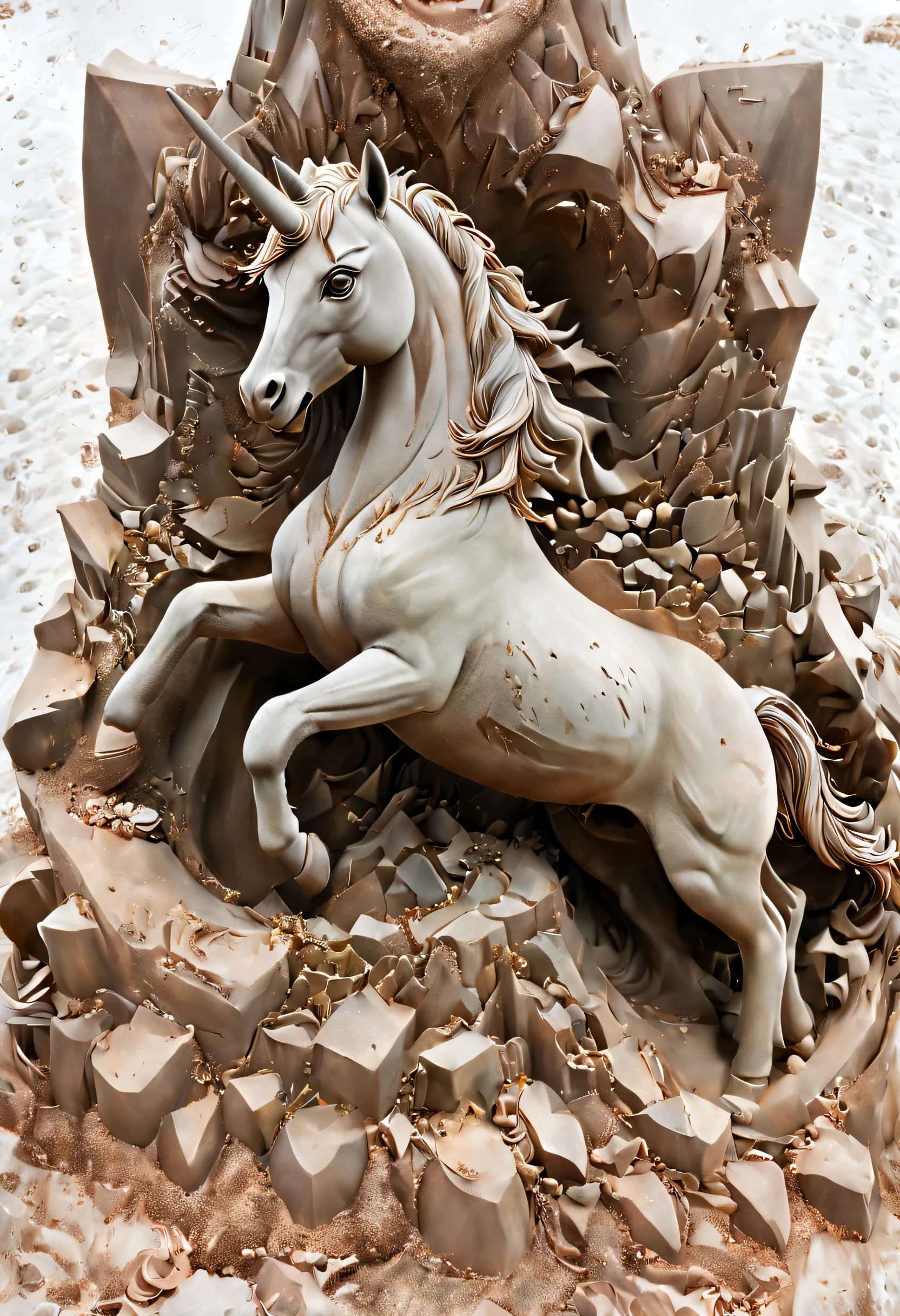 In the heart of enchanted whimsy, a spectral sand sculpted unicorn dances among abstract shards of reality