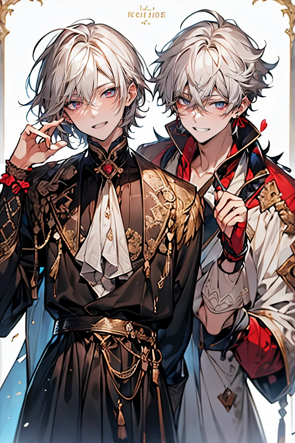 (muste piece), (best quality), very detailed, ((two men in their 20s)), perfect face, beautiful face, happy face,very detailed顔,(Brown-haired man_red eyes:1.3),(man with white hair_blue eyes:1.3),wink,milk chocolate,White chocolate,Valentine,ribbon,race,frills,heart,Light,smile,Melted chocolate,Covered in chocolate
