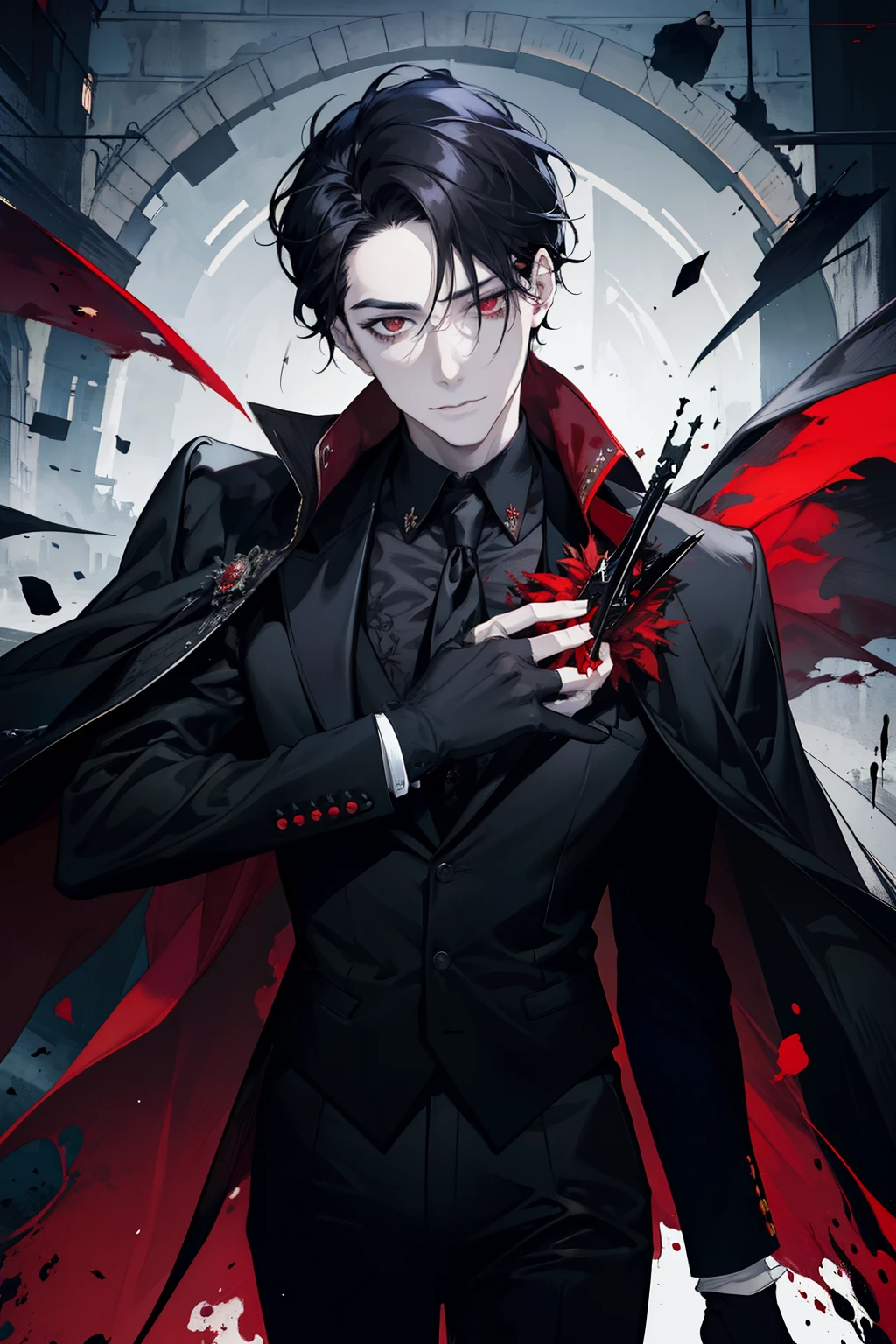 (masterpiece, best quality), 1 male, aldult, Handsome, short black hair, red eyes, black suit, earrings, forehead, Upper body, vampire, building, dark, moonlight, Dutch Cape, mysterious atmosphere,face with blood stains，Positive face,There are scars on the face，A sinister smile.