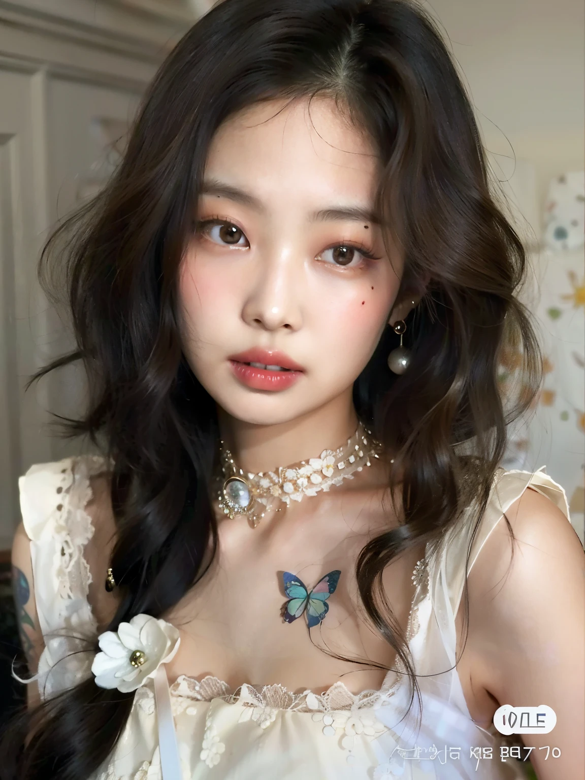 un primer plano de una joven con un tatuaje de mariposa en el pecho, ulzzang, maquillaje popular de corea del sur, maquillaje coreano popular, Lalisa Manobal, Cute aesthetics with flutter, hermosa joven coreana, hermosa joven coreana, Jinyoung Shin, jaeyeon nam, long wavy light brown hair, joven y adorable rostro coreano, sakimichan, muchacha coreana
