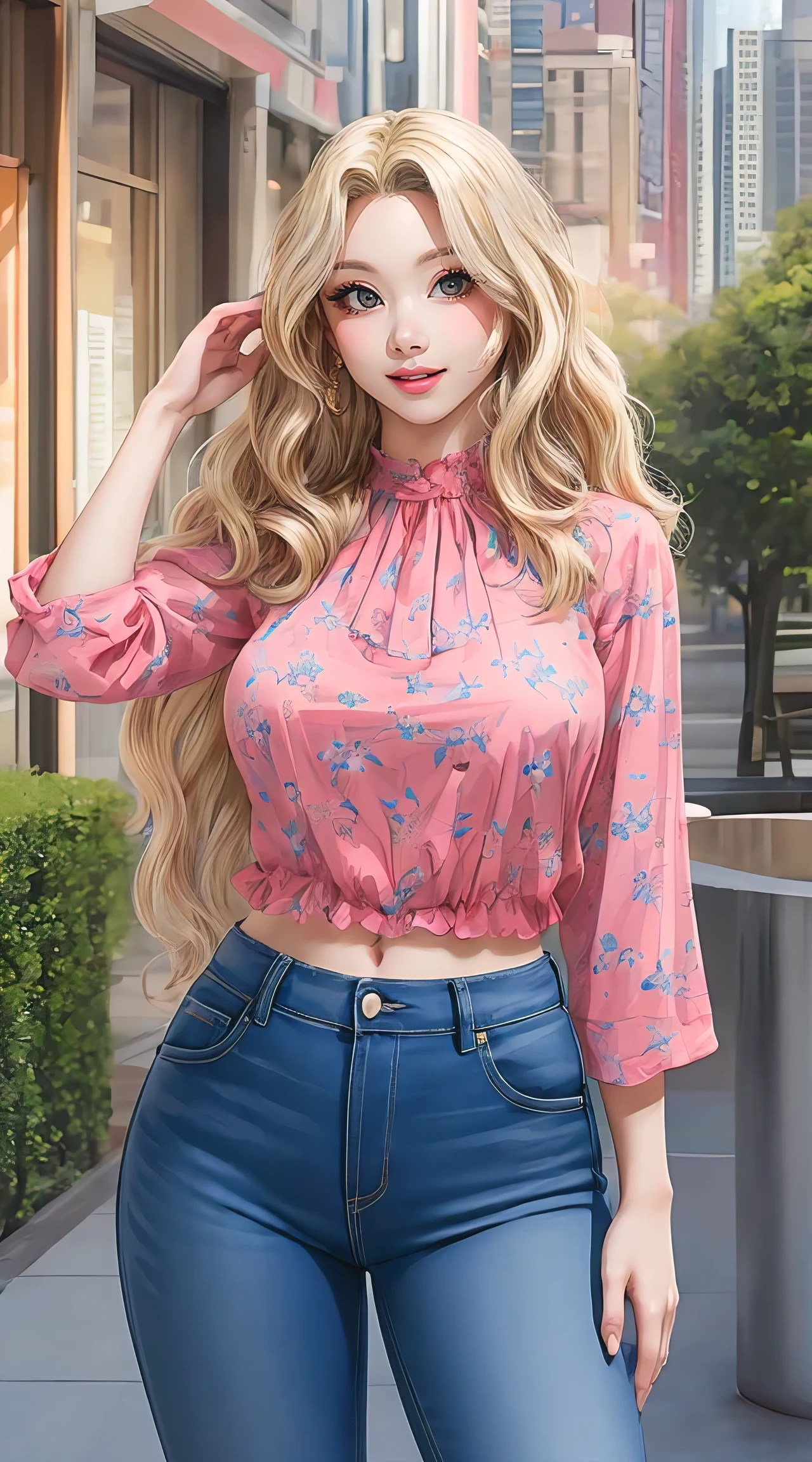 (best quality, masterpiece, ultra-detailed, photorealistic:1.3), wavy hair, wide hips, printed blouse, jeans, city park
