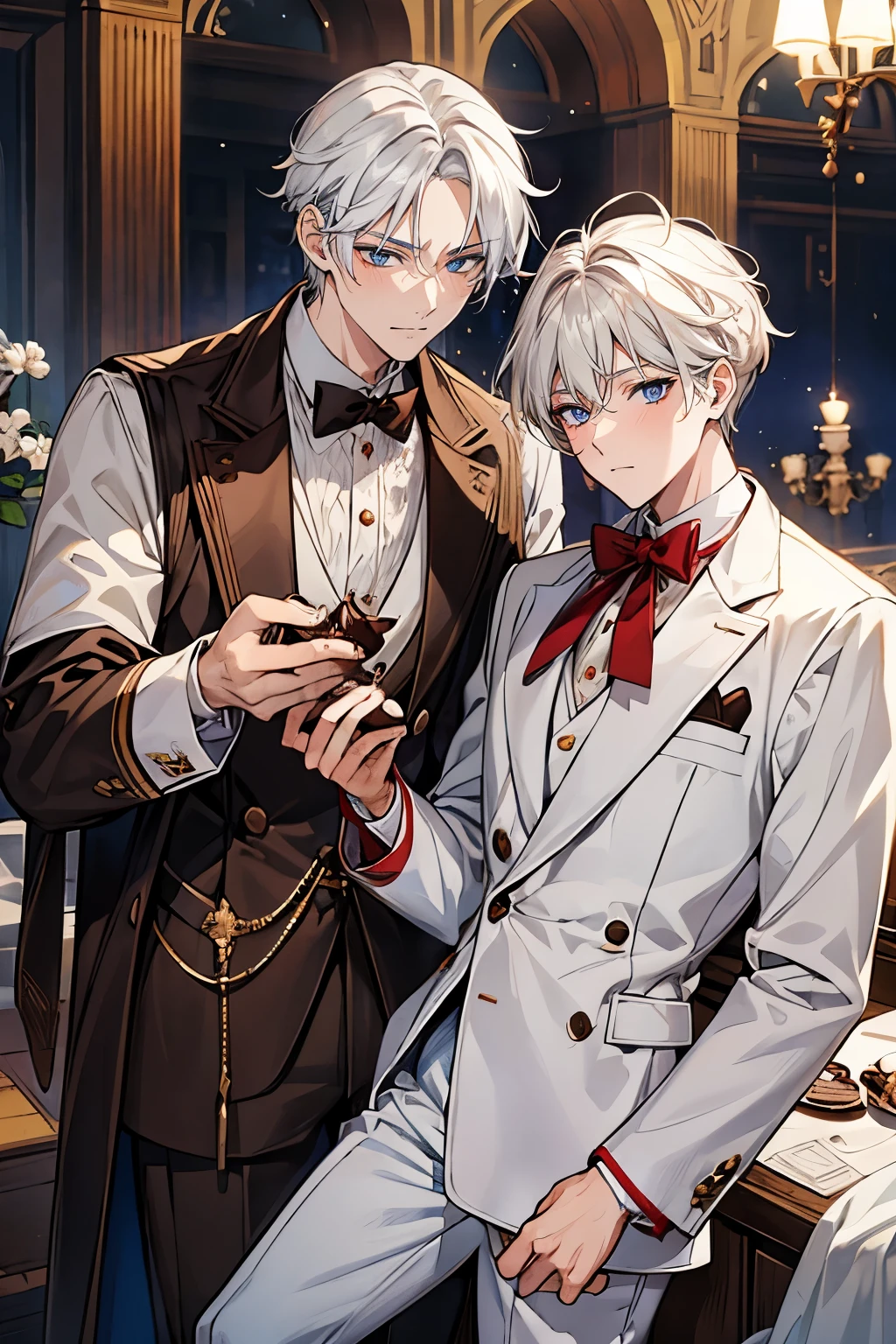 (muste piece), (best quality), very detailed, ((two men in their 20s)), perfect face, beautiful face, happy face，very detailed顔，(Brown-haired man_red eyes:1.3)，(man with white hair_blue eyes:1.3)，wink，milk chocolate，White chocolate，Valentine，ribbon，race，frills，heart，Light，smile，Melted chocolate，Covered in chocolate