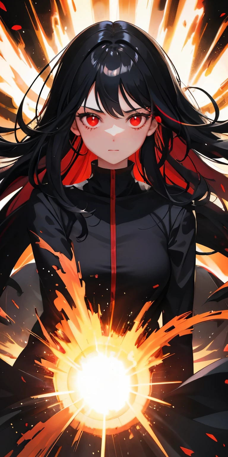 1girl, black hair, red eyes, fire witch, blood, light particles, light rays, wallpaper, high contrast, colorful,