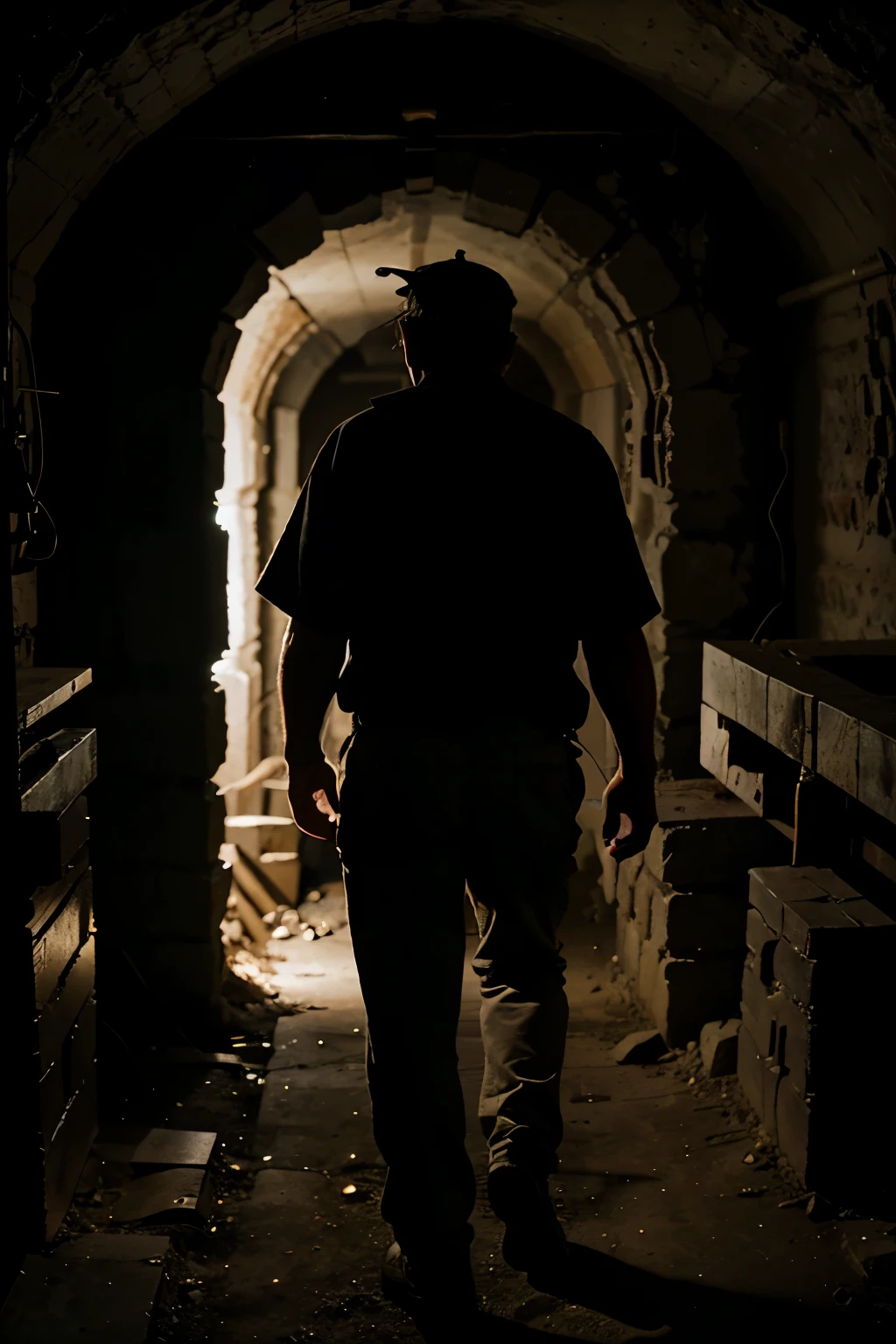 middle age man seen from the back exploring an eunderground mine with a front light on his head