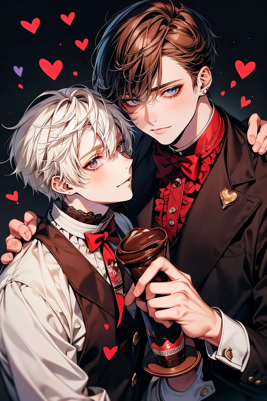 Ultra detailed, Highres, absurdres, HDR, Komaeda Nagito, white hair, silver eyes, Gundham Tanaka, black hair, red eyes, black gloves, black long coat, bare chest, prince cool clothes, 2 adult men together, gay couple, moon, window, roses, handsome, Danganronpa, chains, holding a plushie of Monokuma,