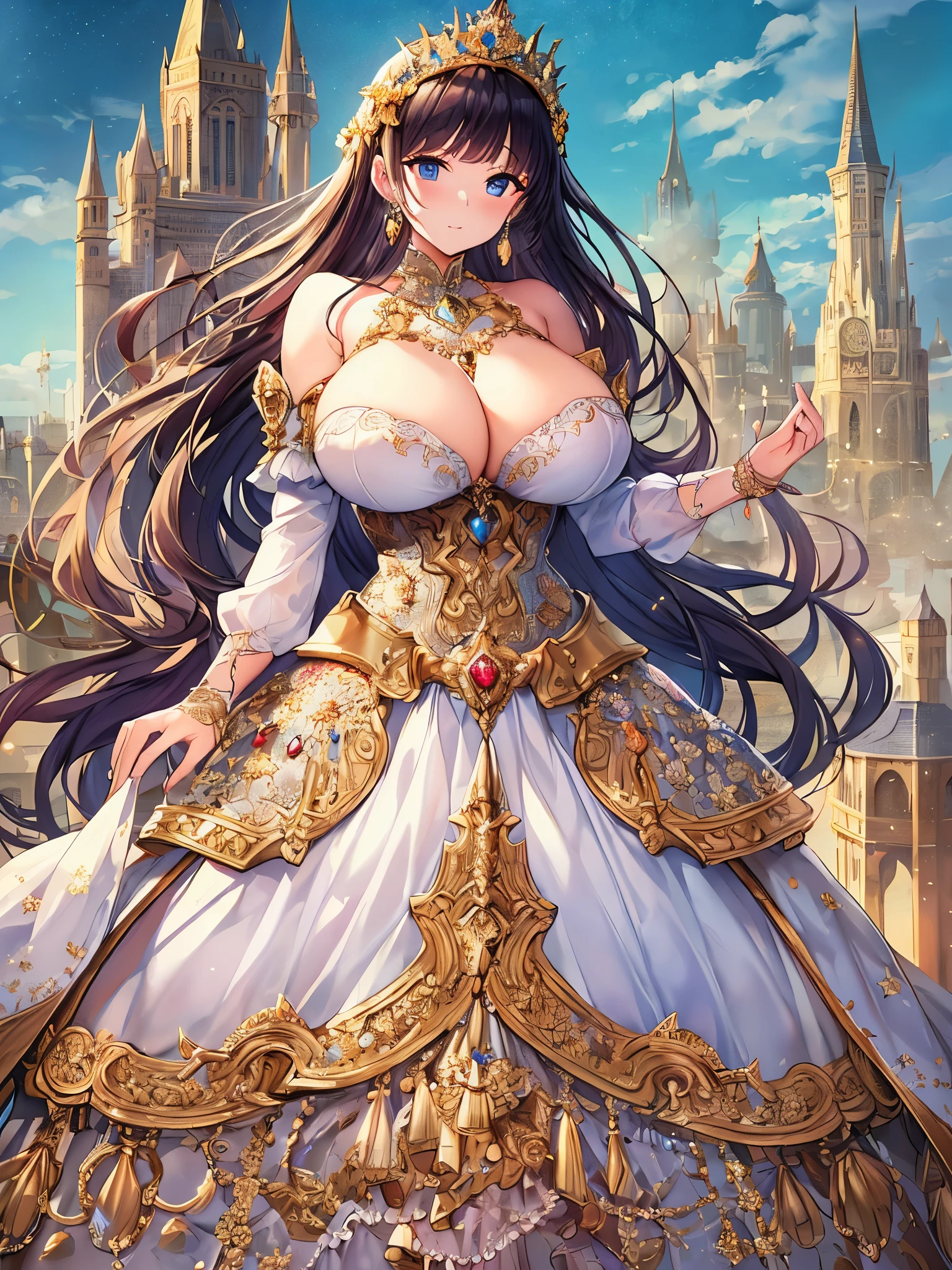 anime artstyle,Masterpiece,Best Quality,Super Detail,((Very Delicate and Beautiful)),(((1 plump princess in beautiful embroidery and jeweled gorgeous rococo ballgown with voluminous hoop skirt))),crinoline skirt,((Solo)),(Standing on fantasy castle balcony,outdoor,sky,A view overlooking the castle town),((full body)),(((very gigantic breasts,very gigantic breasts,sagging breasts,skindentation))),cleavage,detailed face and eyes,jewel-like eyes,((extremely voluminous straight Hair,Extremely Long Straight Hair)),((gorgeousfull embroidery and lace,beautiful embroidery and jeweled)),Gorgeous Gemstone Jewelry,gorgeous corsage,((gorgeous hair ornament,glitter jeweled gorgeous big tiara)),((full body)),((beautiful embroidery and jeweled gorgeous rococo ballgown with voluminous hoop skirt)),crinoline skirt,(crinoline),((Standing on fantasy castle balcony,outdoor,A view overlooking the castle town)),Looking at viewer,dynamic angle,(((beautiful embroidery and jeweled gorgeous rococo ballgown with voluminous hoop skirt))),crinoline skirt,full body,