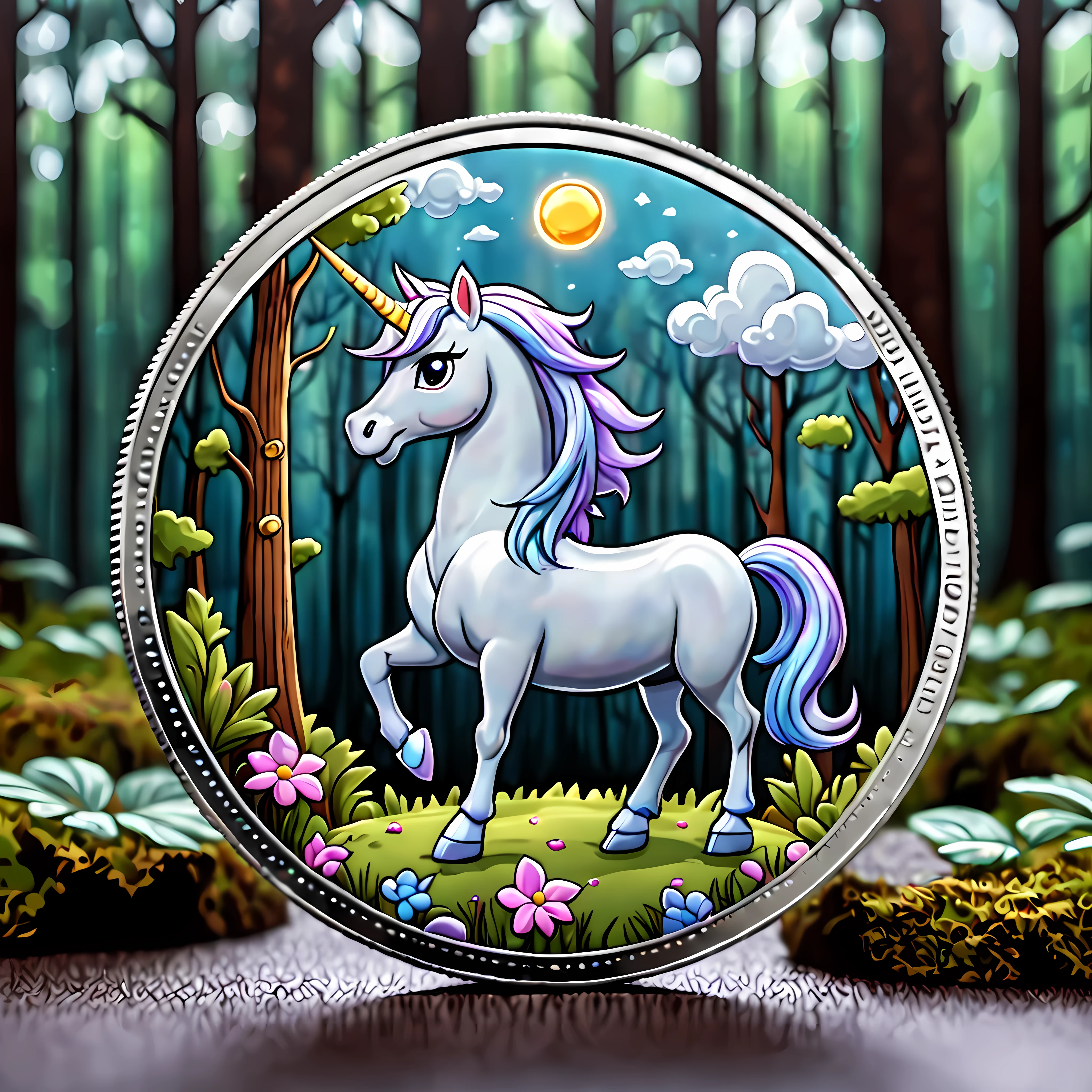 (cute cartoon style:1.4), masterpiece in maximum 16K resolution, a full shot of a round silver coin. | The coin has a ((print)) of a (little) fantasy unicorn in the magical forest. | (Simple cloudy background). | ((More_Detail))