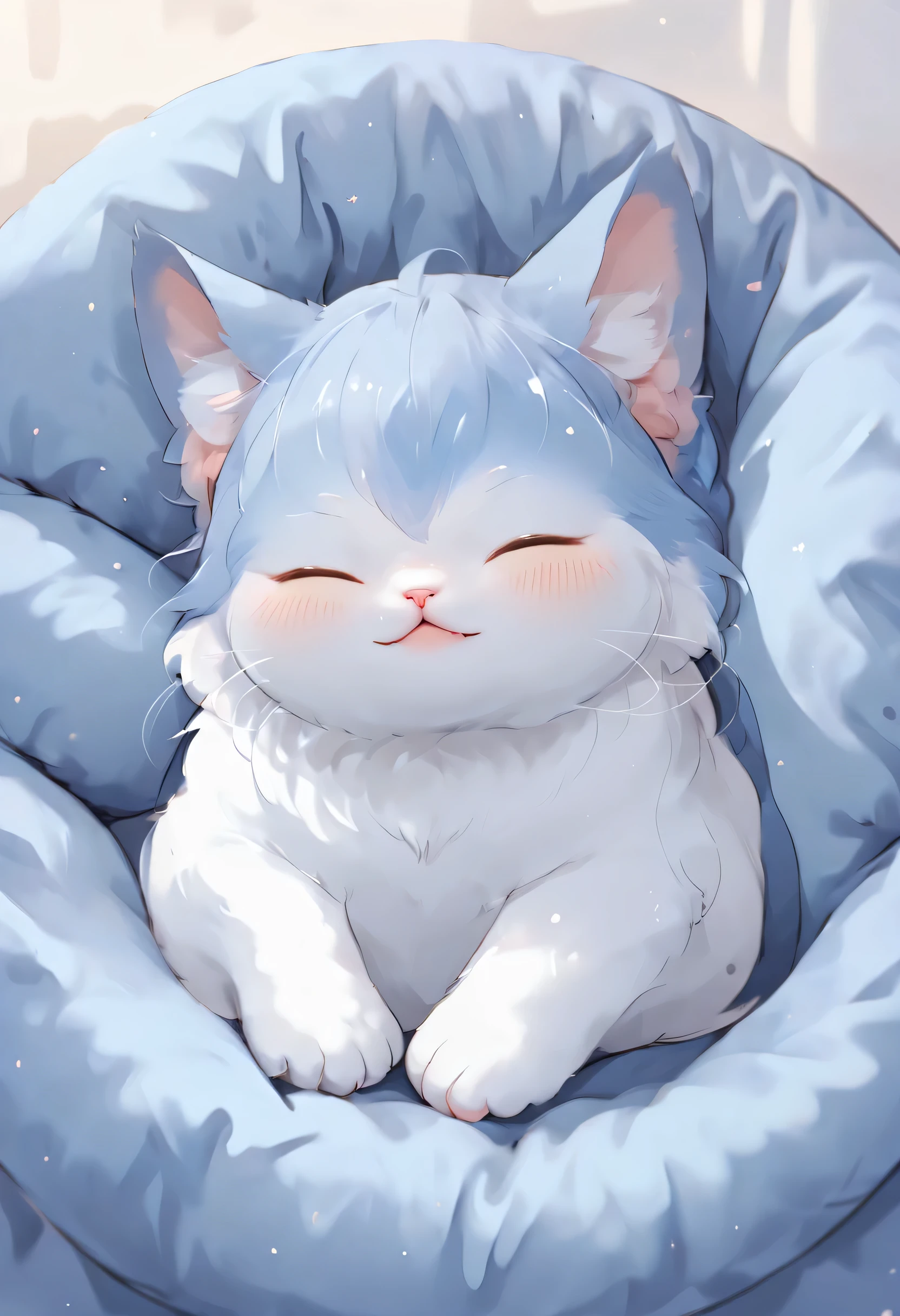The fat kitten is very, he's blue, he is beautiful and cute, he is fat and all blue, he is sleeping in a soft bed the kitten is all blue
