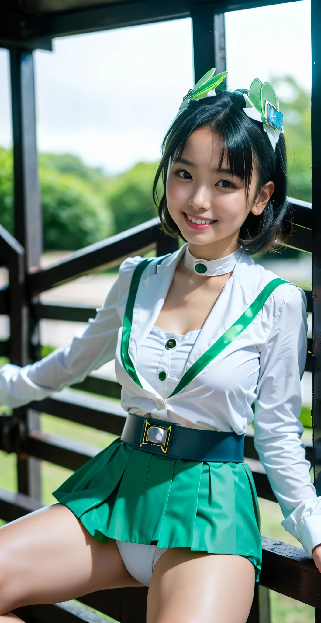 (8K、Raw photography、highest quality、masterpiece:1.2),(black haired、very short hair:1.7),show viewer,Looking at the front,(super sentai series、She is wearing a green Precure costume.:1.9)、(Clothing that emphasizes the shape of your chest:1.5)、(big breasts :1.2)、slim body shape、ultra high resolution,beautiful,beautiful fece,(alone, alone、no background:1.9),whole bodyボディー,、(black eye、japanese woman: 1.3),(Photoreal:1.37)、photon mapping,reality、(Cute with a : 1.4)、(cute smile: 1.7)、(With a round face: 1.8)、radio city、Physically based rendering、depth of field rally background、photograph, (I can see your knees,close up of thighs、skirt is too short、spread your legs、showing off white panties:1.5),whole body、super fine
