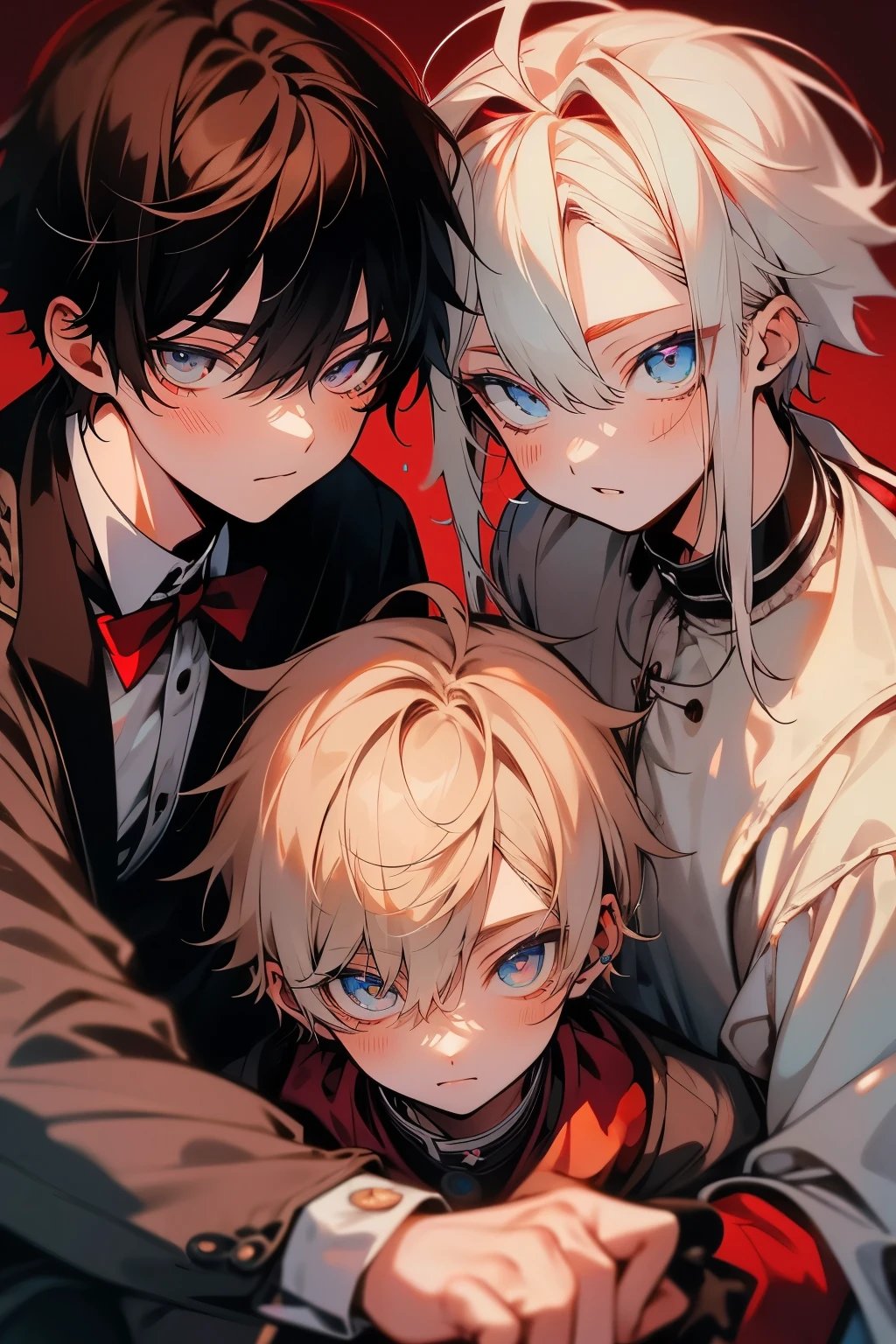 (muste piece), (best quality), very detailed, ((two men in their 20s)), perfect face, beautiful face, happy face,very detailed顔,(Brown-haired man_red eyes:1.3),(man with white hair_blue eyes:1.3),wink,milk chocolate,White chocolate,Valentine,ribbon,race,frills,heart,Light,smile,Melted chocolate,Covered in chocolate