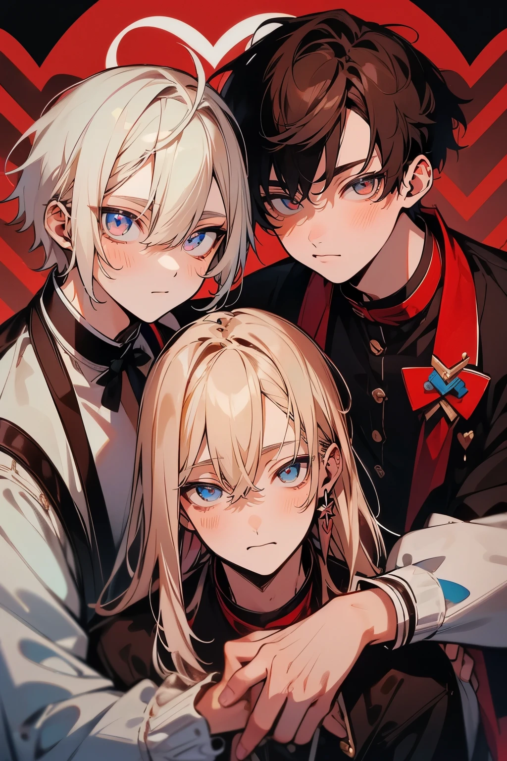 (muste piece), (best quality), very detailed, ((two men in their 20s)), perfect face, beautiful face, happy face,very detailed顔,(Brown-haired man_red eyes:1.3),(man with white hair_blue eyes:1.3),wink,milk chocolate,White chocolate,Valentine,ribbon,race,frills,heart,Light,smile,Melted chocolate,Covered in chocolate