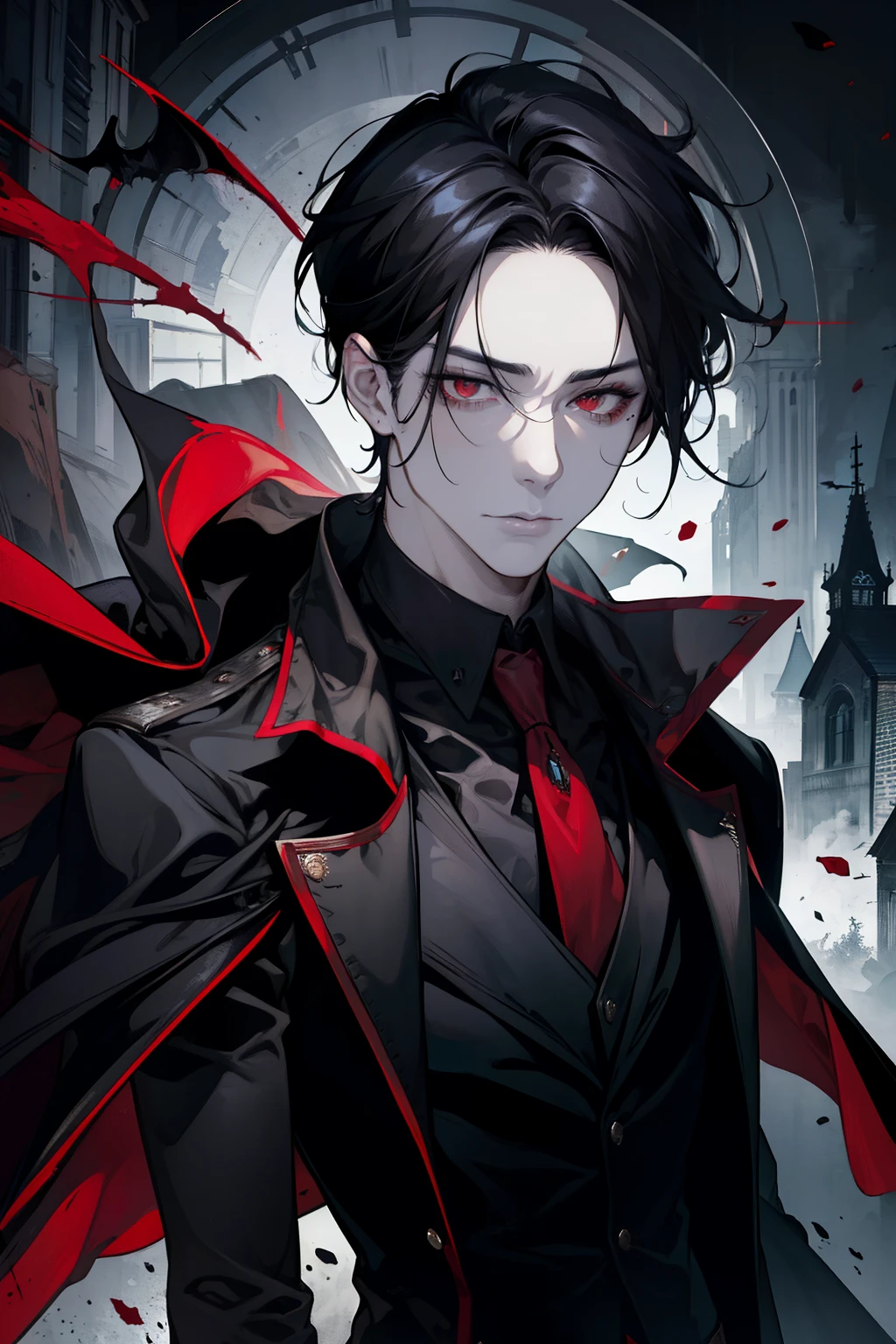 (masterpiece, best quality), 1 male, aldult, Handsome, short black hair, red eyes, black suit, earrings, forehead, Upper body, vampire, building, dark, moonlight, Dutch Cape, mysterious atmosphere,face with blood stains,Positive face,There are scars on the face,Gloomy eyes,maniac,Bad guys,