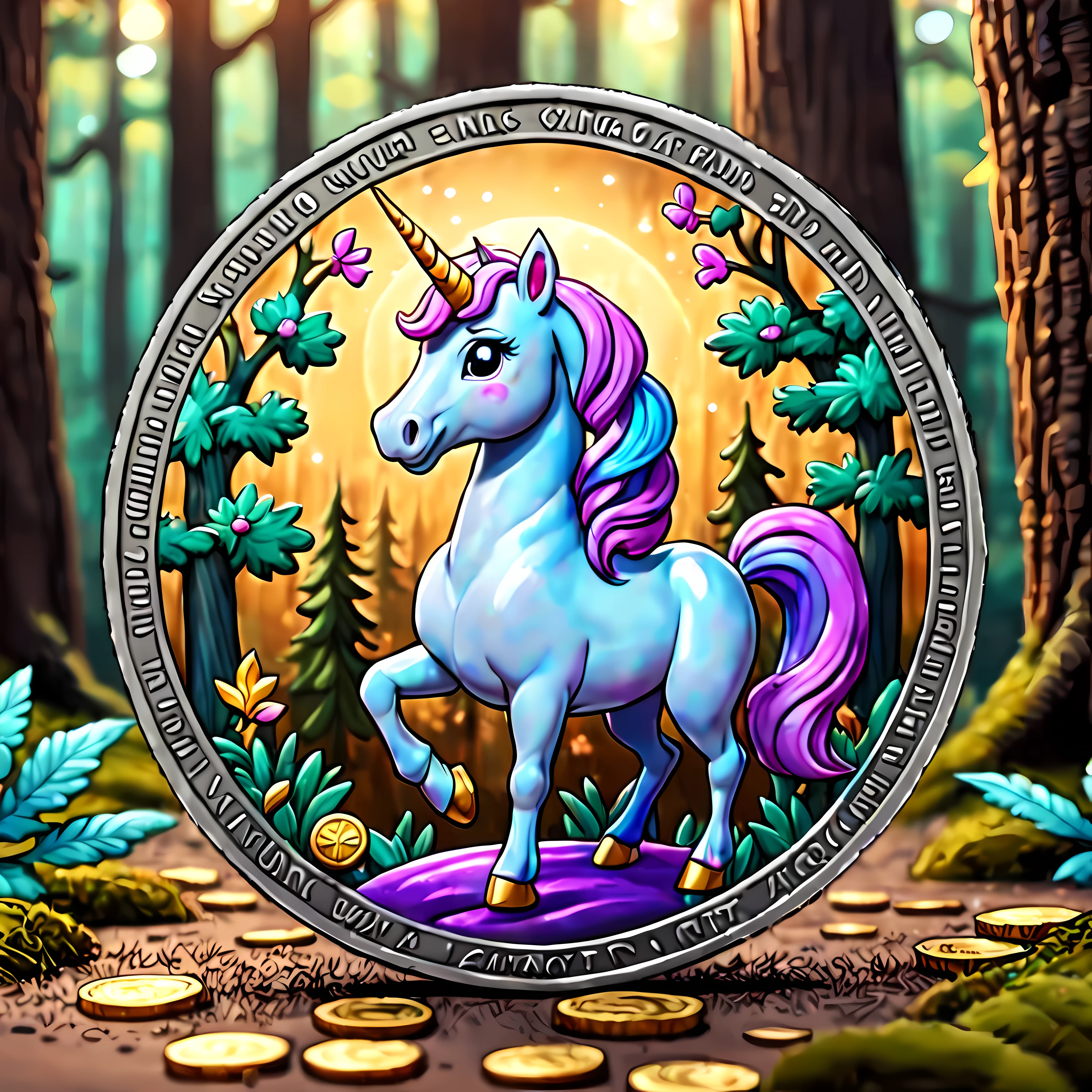 (cute cartoon style:1.4), masterpiece in maximum 16K resolution, a full shot of a big round coin. | The coin has an image of a single fantasy unicorn in the magical forest. | ((More_Detail))