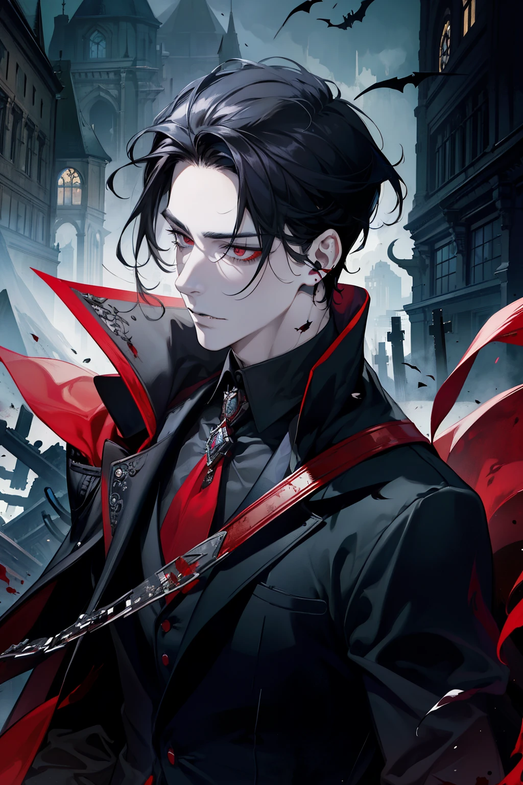 (masterpiece, best quality), 1 male, aldult, Handsome, short black hair, red eyes, black suit, earrings, forehead, Upper body, vampire, building, dark, moonlight, Dutch Cape, mysterious atmosphere,face with blood stains，Positive face,There are scars on the face，Gloomy eyes，maniac，Bad guys，