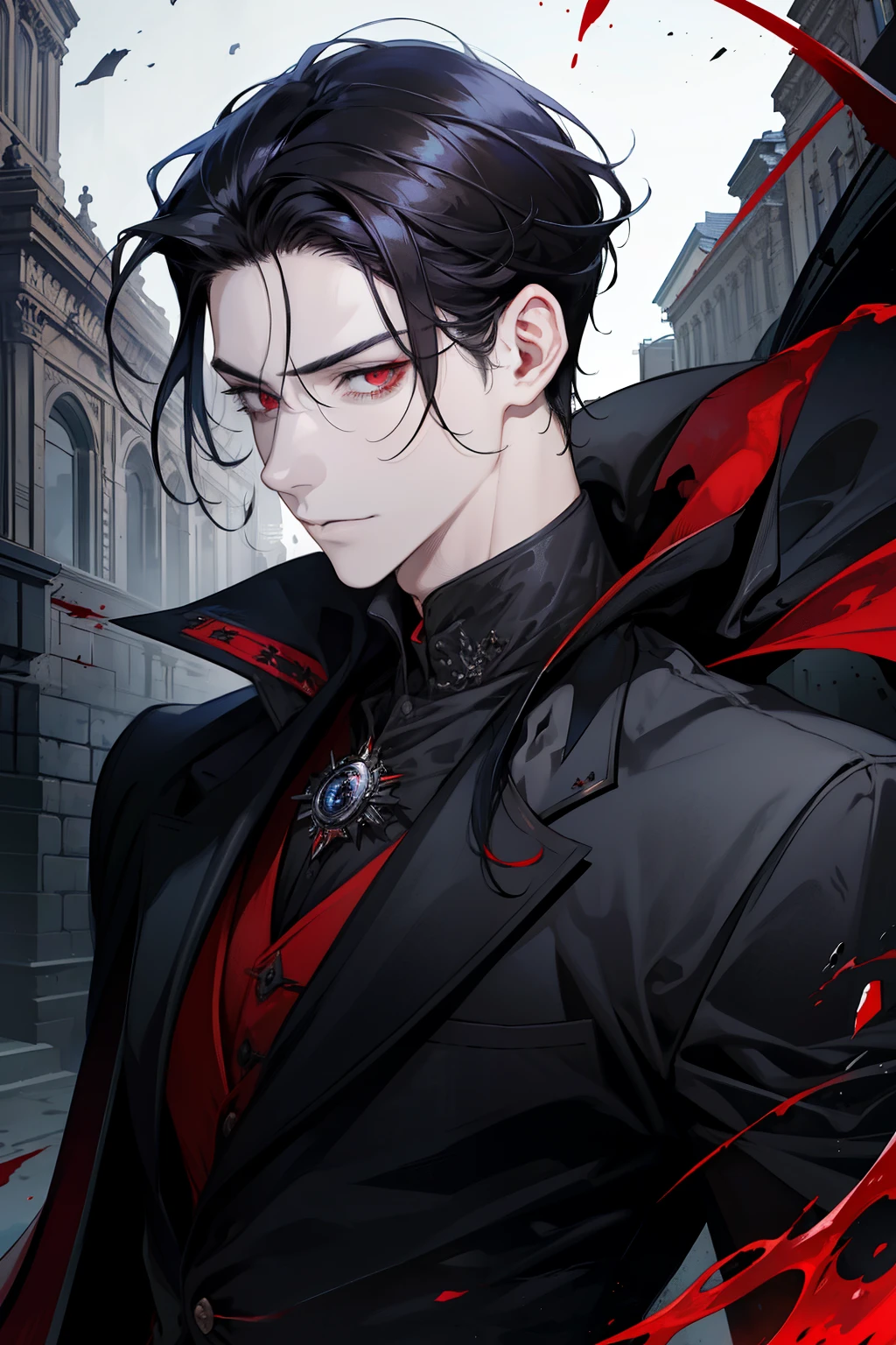 (masterpiece, best quality), 1 male, aldult, Handsome, short black hair, red eyes, black suit, earrings, forehead, Upper body, vampire, building, dark, moonlight, Dutch Cape, mysterious atmosphere,face with blood stains,Positive face,There are scars on the face,Gloomy eyes,maniac,Bad guys,