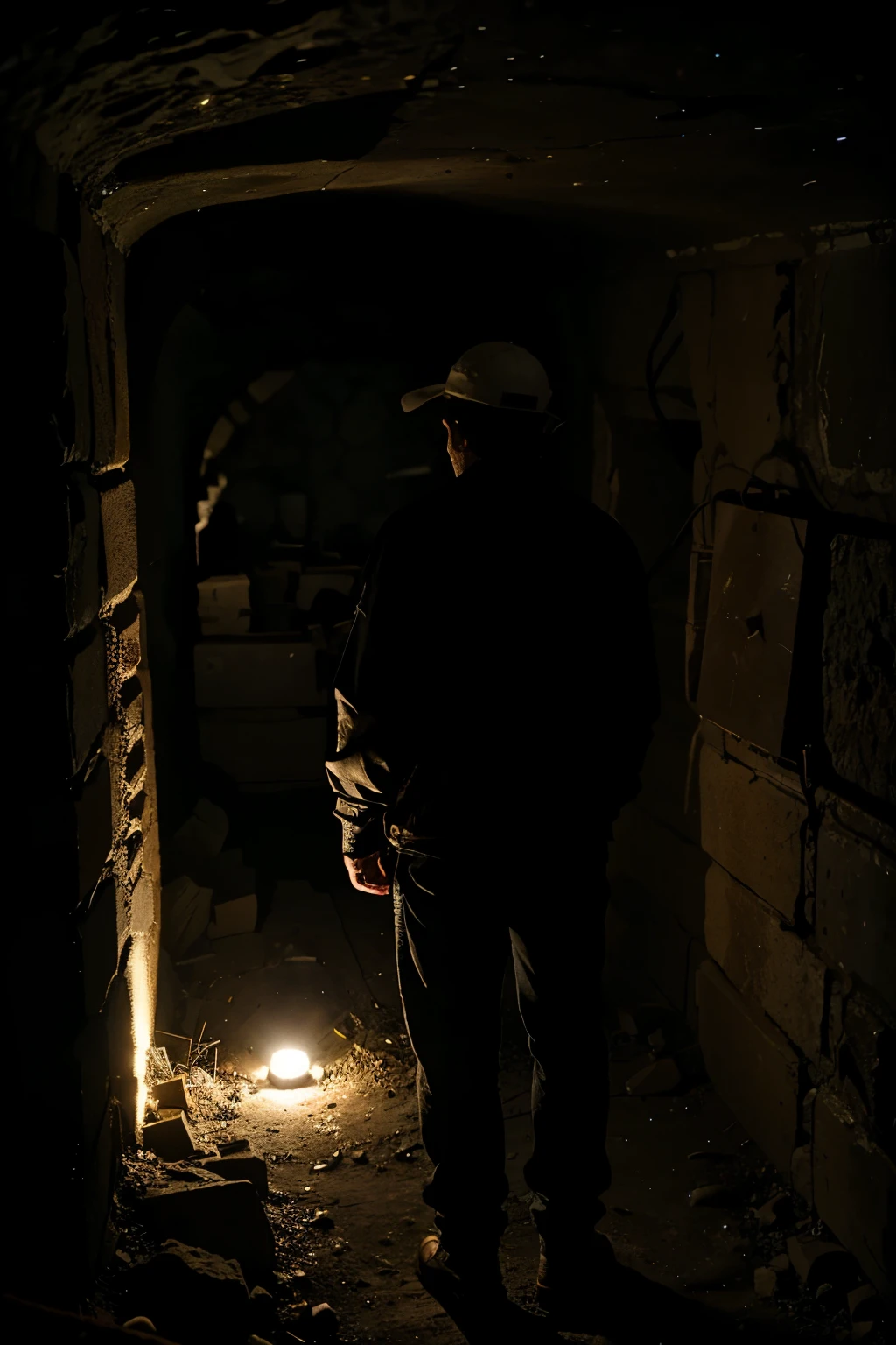middle age man seen from the back exploring an eunderground mine with a front light on his head, the mine walls are shining