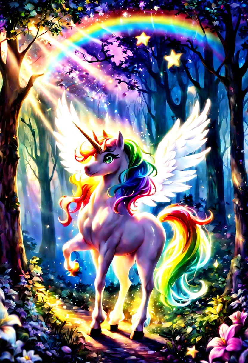 (best quality, 4k, 8k, highres:1.2), ultra-detailed, (realistic, photorealistic:1.37), portraits, unicorn, fantasy, enchanted, wonderland, sparkling, magical, wings, golden, mythical, ethereal, glowing mane, rainbow, galloping, prancing, lush forest, illuminated, tree branches dancing, mystical, night sky with stars, moonlit, ethereal mist, whimsical flowers, vivid colors, soft pastels, enchanted creatures, gentle nature, beautiful fantasy unicorn, magical creature, glowing horn, ethereal mane, shimmering scales, majestic presence, enchanting eyes, graceful movement, whimsical background, dreamlike landscape, vibrant colors, soft lighting, surreal atmosphere, mythical charm, mystical forest, sparkling stars, ethereal atmosphere, otherworldly beauty, magical aura, enchanting adventure, magnificent creature, fantastical realm, dreamy ambiance, captivating fantasy, fairytale-inspired, mystical journey, magical realm, tranquil setting.