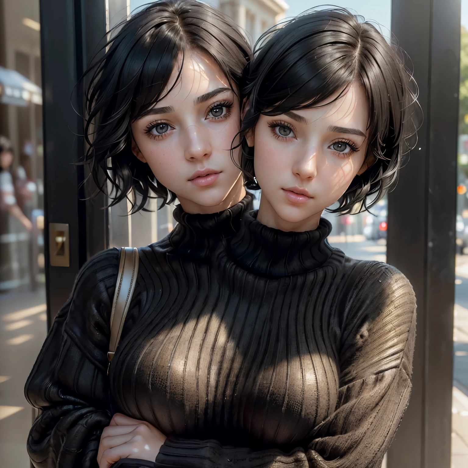 (masterpiece:1.3), (8k, photorealistic, RAW photo, best quality: 1.4), (1girl), beautiful face, (realistic face), (black hair, short hair:1.3), beautiful hairstyle, realistic eyes, beautiful detailed eyes, (realistic skin), beautiful skin, (sweater), absurdres, attractive, ultra high res, ultra realistic, highly detailed, golden ratio, (two heads)