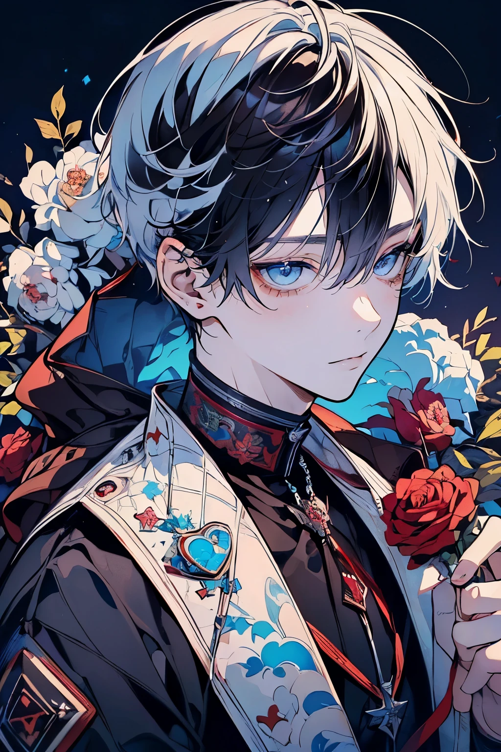 (muste piece), (best quality), very detailed, ((two men)), perfect face, beautiful face, very detailed顔,(Brown-haired man_red eyes:1.3),(man with white hair_blue eyes:1.3),wink,milk chocolate,White chocolate,Valentine,ribbon,race,frills,heart,Light,smile,Melted chocolate,Covered in chocolate