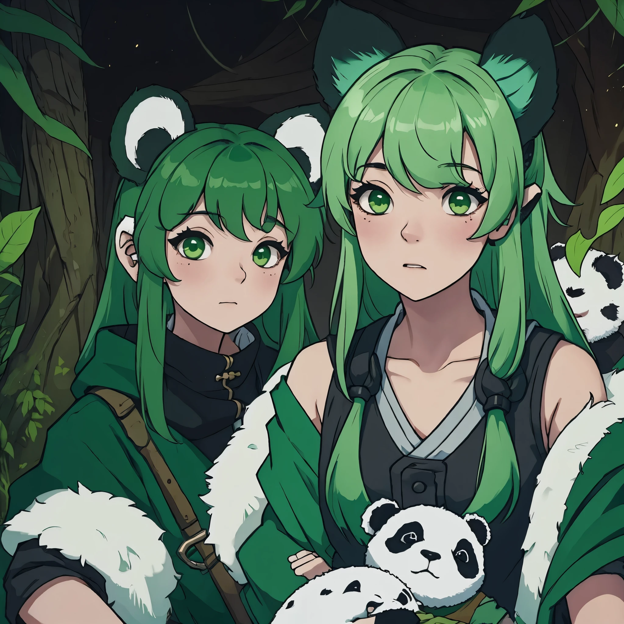 a girl with green hair and panda ears