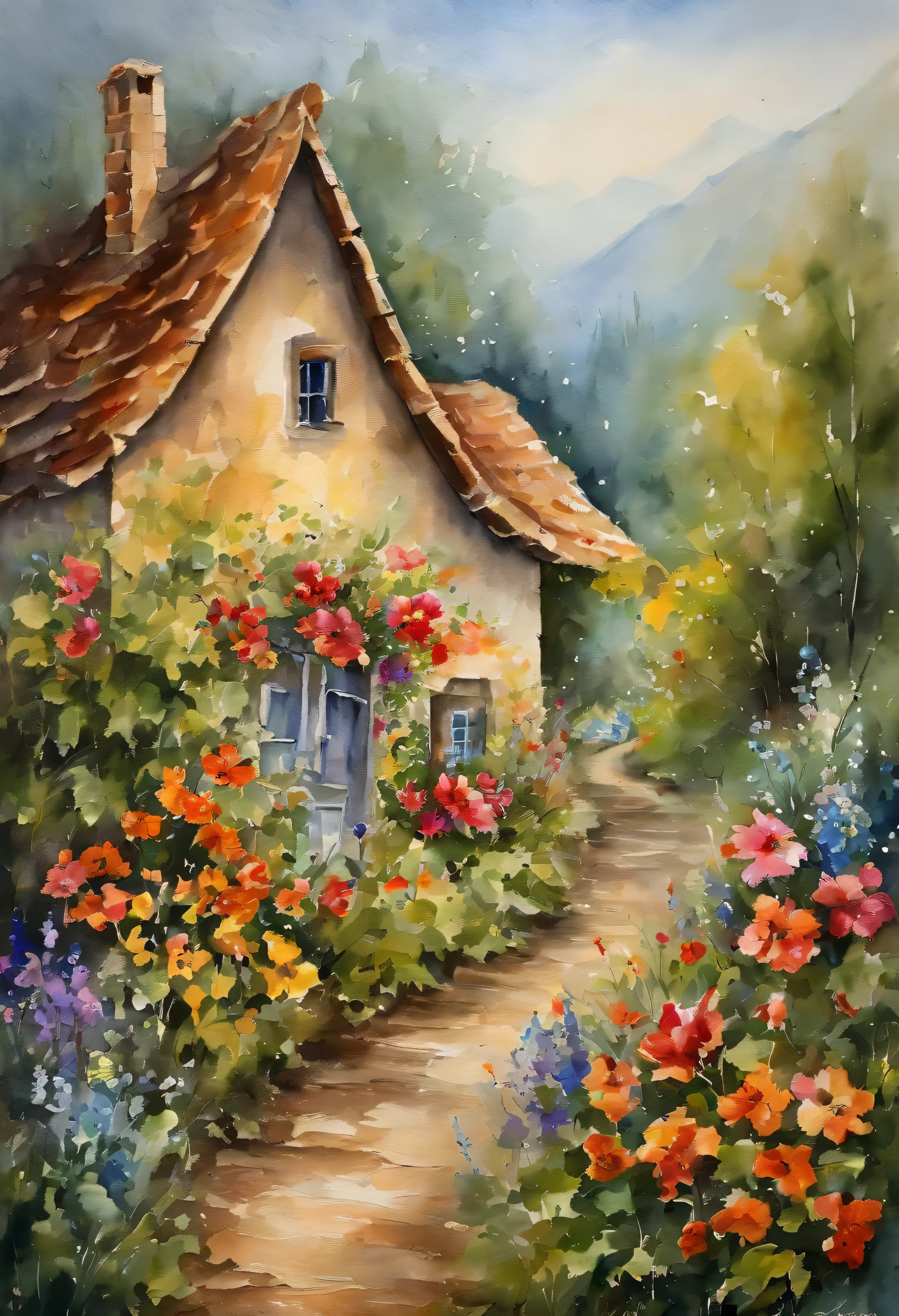 Charming 100% A reverse watercolor painting showcasing the beauty of summer in a village road with flowers, The painting is filled with fragments of butterfly wings, Scattered like colored paper on the canvas. There are hints of trees , And maybe a rose in the forest , Filled with Mary Cassatt&#39;s delicate strokes,&quot;These elements blend together harmoniously to create an enchanting painting, Inviting the viewer to immerse themselves .

