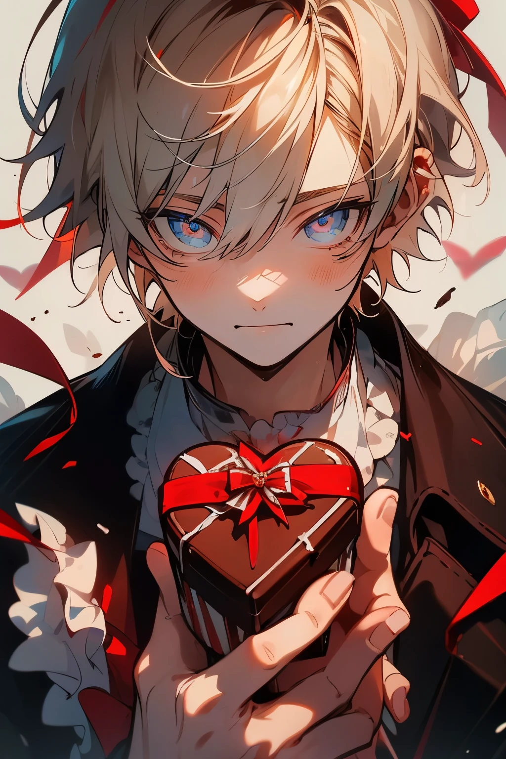 (muste piece), (best quality), very detailed, ((two men)), perfect face, beautiful face, very detailed顔,(Brown-haired man_red eyes:1.3),(man with white hair_blue eyes:1.3),wink,milk chocolate,White chocolate,Valentine,ribbon,race,frills,heart,Light,smile,Melted chocolate,Covered in chocolate