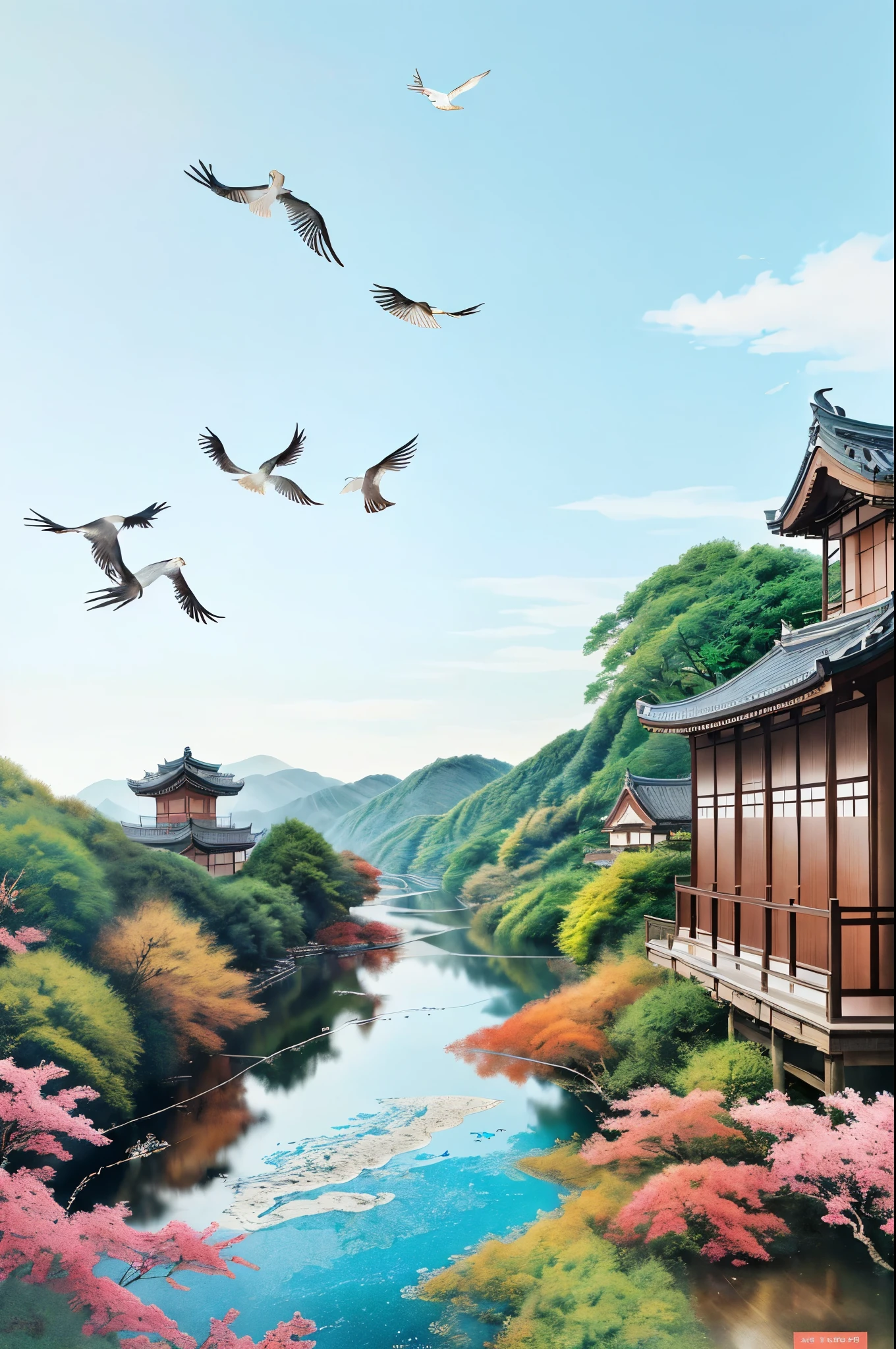 A painting of a flock of birds flying over water, Inspired by the ancient village of Ohara, Inspired by Yukimura Ohara, Wen Boren, author:Kuzumi Morikage, author:Sugimura Jihei, author:Iwasa Matabei, author:Yang Borun, crane, author:shore long