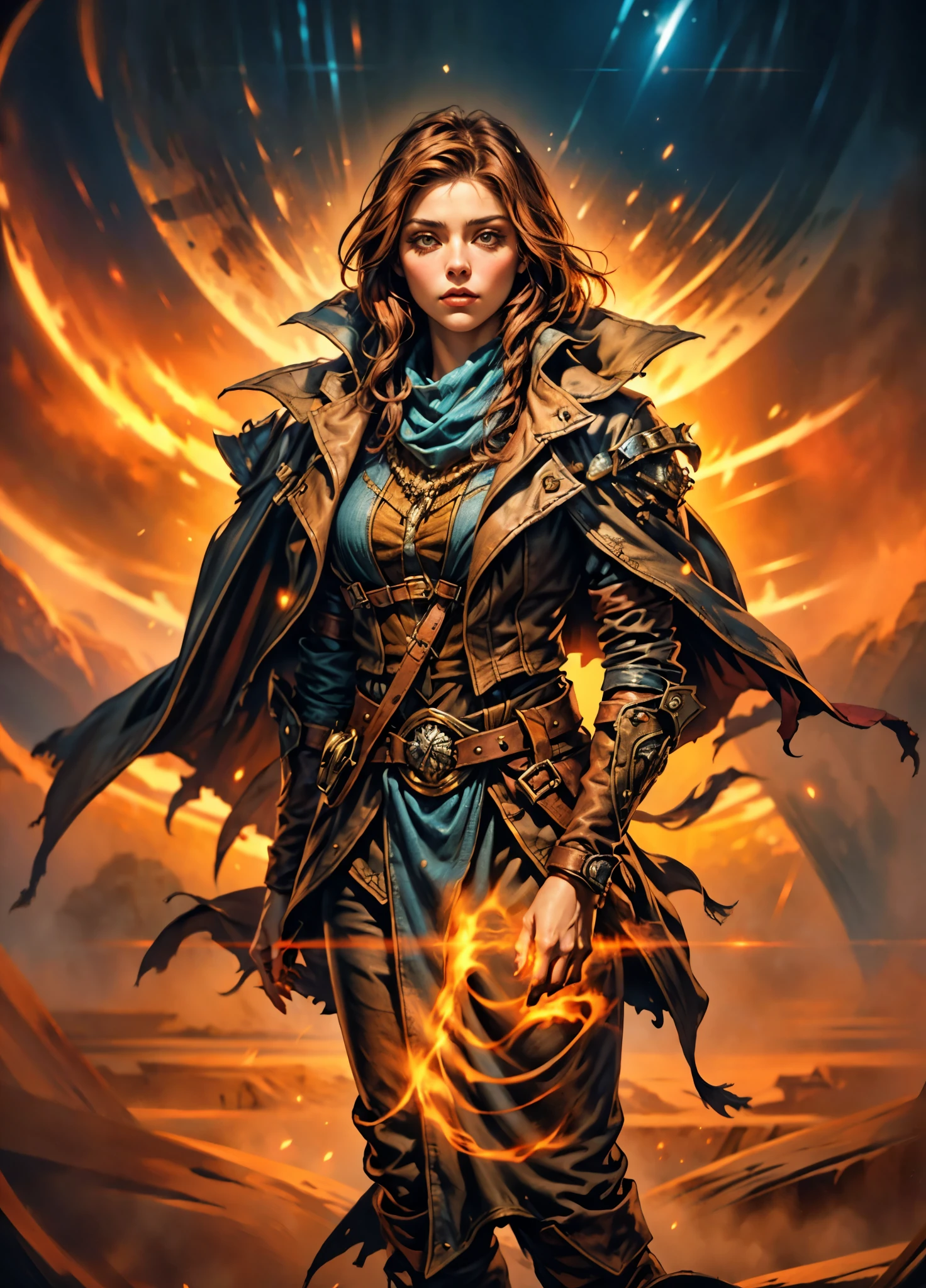 A woman with short reddish-brown hair, a determined gaze, her upper body is enveloped in a heavy cloak with leather accents, the cloak covers the lower half of her face, a tight-fitting long leather trench coat with ethnic-style details at the hem underneath, coarse fabric pants, sturdy knee-high leather boots, the background depicts a fantasy-style western town with swirling yellow sand, this character embodies a finely crafted fantasy western-style female shaman in anime style, exquisite and mature manga art style, high definition, best quality, highres, ultra-detailed, ultra-fine painting, extremely delicate, professional, anatomically correct, symmetrical face, extremely detailed eyes and face, high quality eyes, creativity, RAW photo, UHD, 8k, Natural light, cinematic lighting, masterpiece-anatomy-perfect, masterpiece:1.5