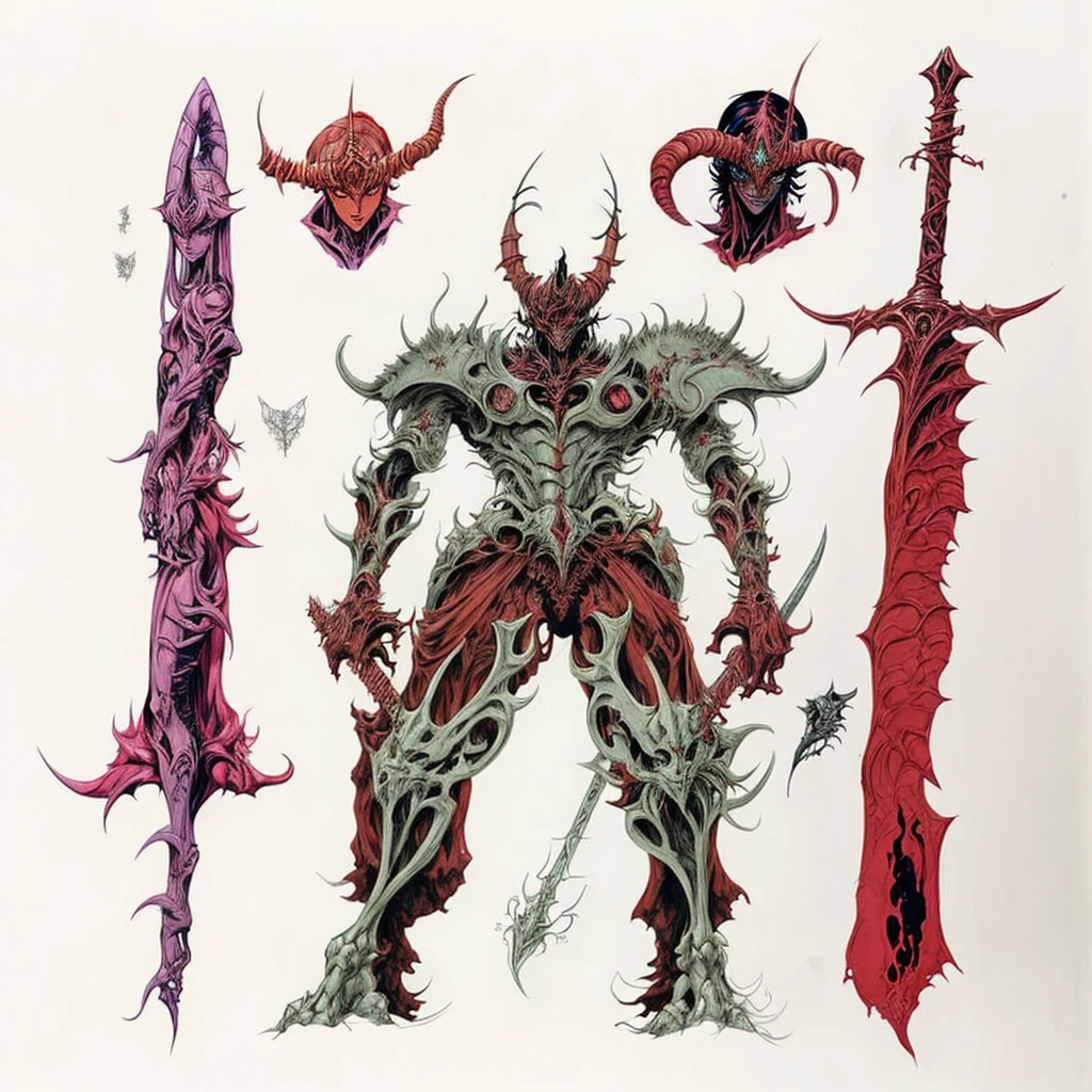 a drawing of a demonic figure with a sword, inspired by Ian Miller, colored ink drawing, 6 billion demons style, high quality colored sketch, nge dark fantasy, full body savage devilman, guyver style, colored concept art, full body concept, complex fantasy character, detailed full body concept, colored lineart, clean lineart and color