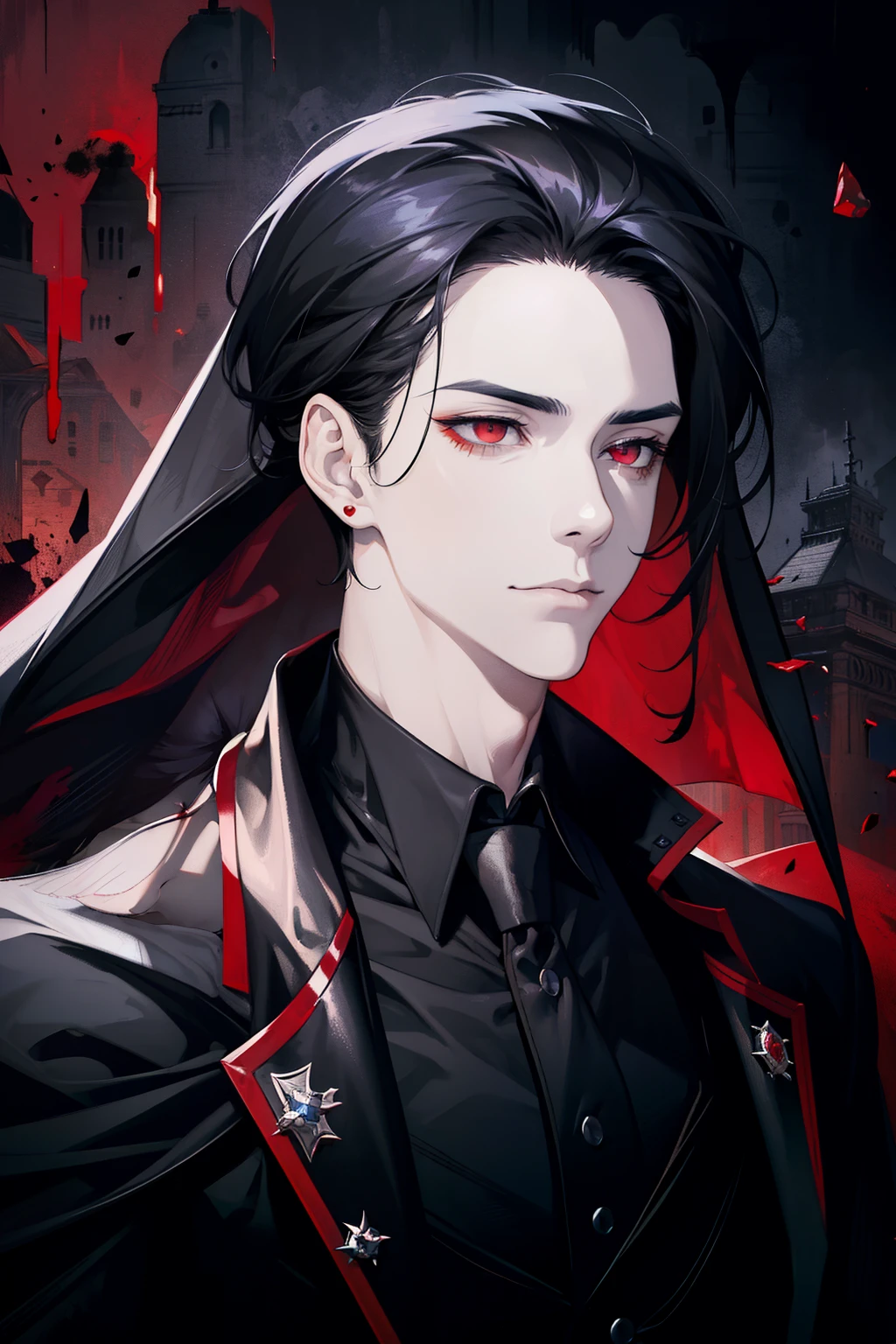 (masterpiece, best quality), 1 male, aldult, Handsome, short black hair, red eyes, black suit, earrings, forehead, Upper body, vampire, building, dark, moonlight, Dutch Cape, mysterious atmosphere,face with blood stains,Positive face,There are scars on the face,Gloomy eyes,maniac,Bad guys,