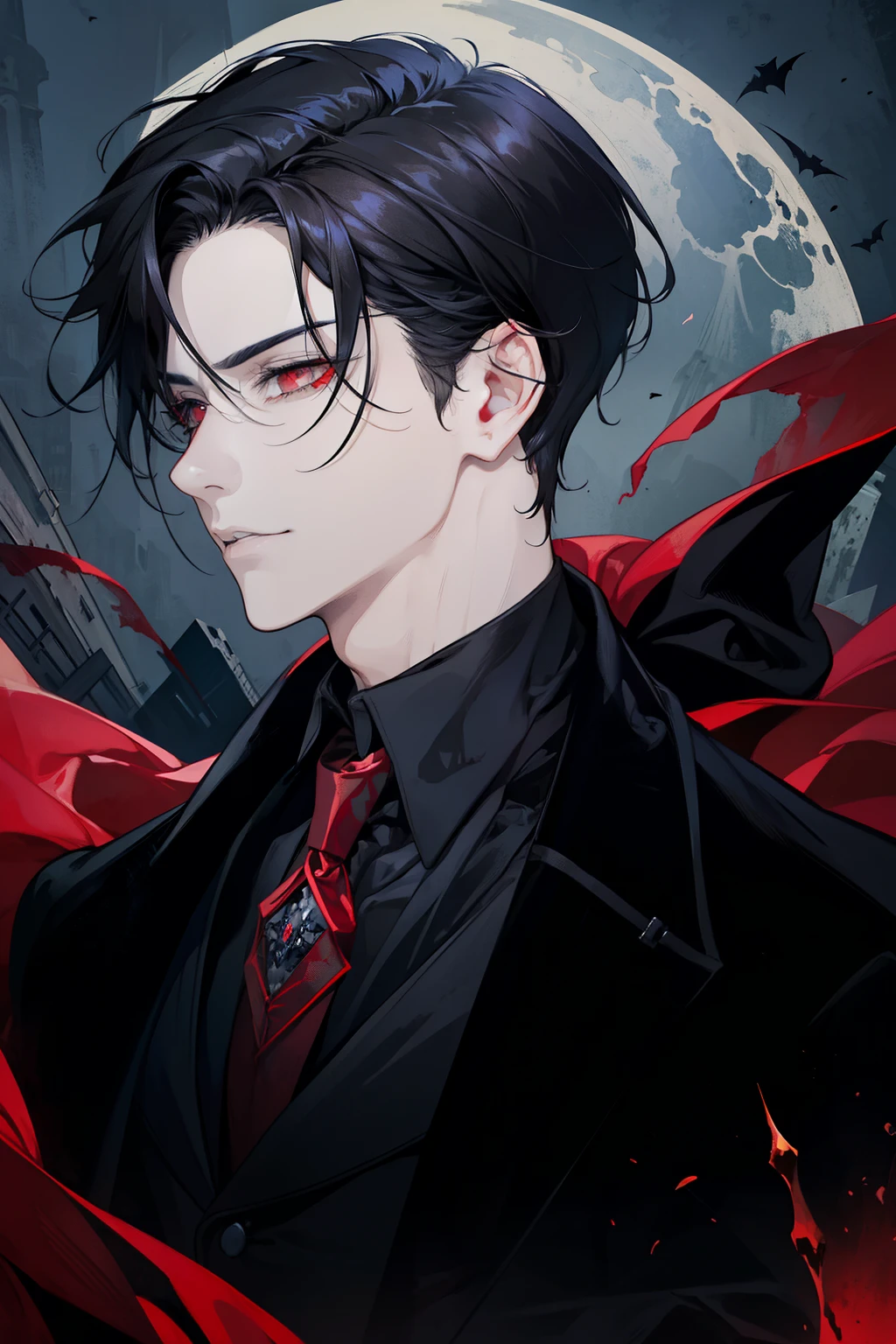 (masterpiece, best quality), 1 male, aldult, Handsome, short black hair, red eyes, black suit, earrings, forehead, Upper body, vampire, building, dark, moonlight, Dutch Cape, mysterious atmosphere,face with blood stains，Positive face,There are scars on the face，Gloomy eyes，maniac，Bad guys，