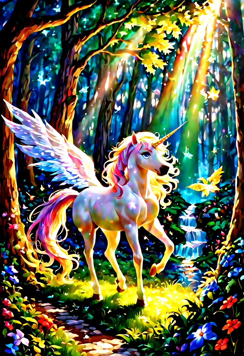 (best quality, 4k, 8k, highres:1.2), ultra-detailed, (realistic, photorealistic:1.37), portraits, unicorn, fantasy, enchanted, wonderland, sparkling, magical, wings, golden, mythical, ethereal, glowing mane, rainbow, galloping, prancing, lush forest, illuminated, tree branches dancing, mystical, night sky with stars, moonlit, ethereal mist, whimsical flowers, vivid colors, soft pastels, enchanted creatures, gentle nature, beautiful fantasy unicorn, magical creature, glowing horn, ethereal mane, shimmering scales, majestic presence, enchanting eyes, graceful movement, whimsical background, dreamlike landscape, vibrant colors, soft lighting, surreal atmosphere, mythical charm, mystical forest, sparkling stars, ethereal atmosphere, otherworldly beauty, magical aura, enchanting adventure, magnificent creature, fantastical realm, dreamy ambiance, captivating fantasy, fairytale-inspired, mystical journey, magical realm, tranquil setting.