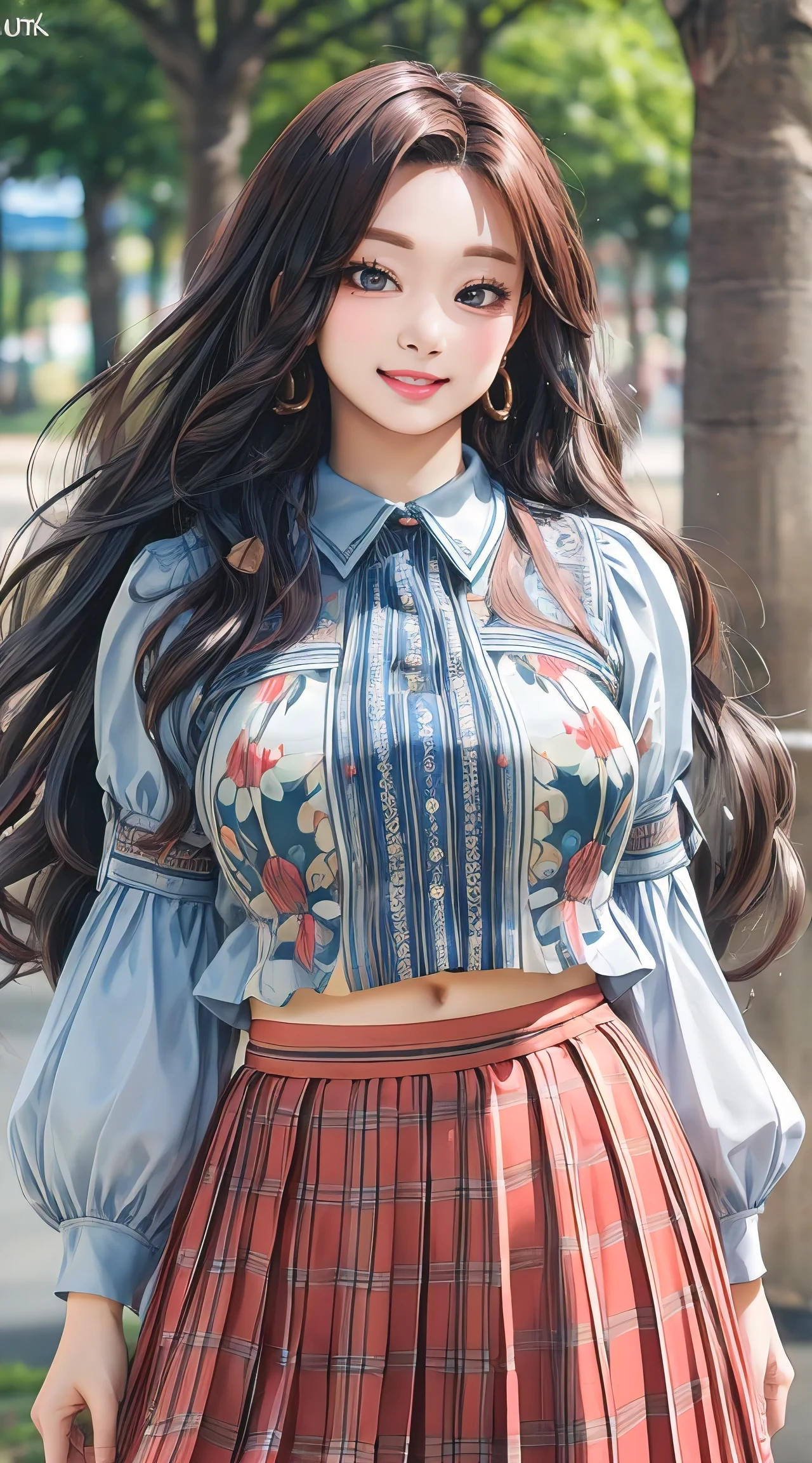 (best quality, masterpiece, ultra-detailed, photorealistic:1.3), wavy hair, wide hips, printed blouse, pleated skirt, city park
