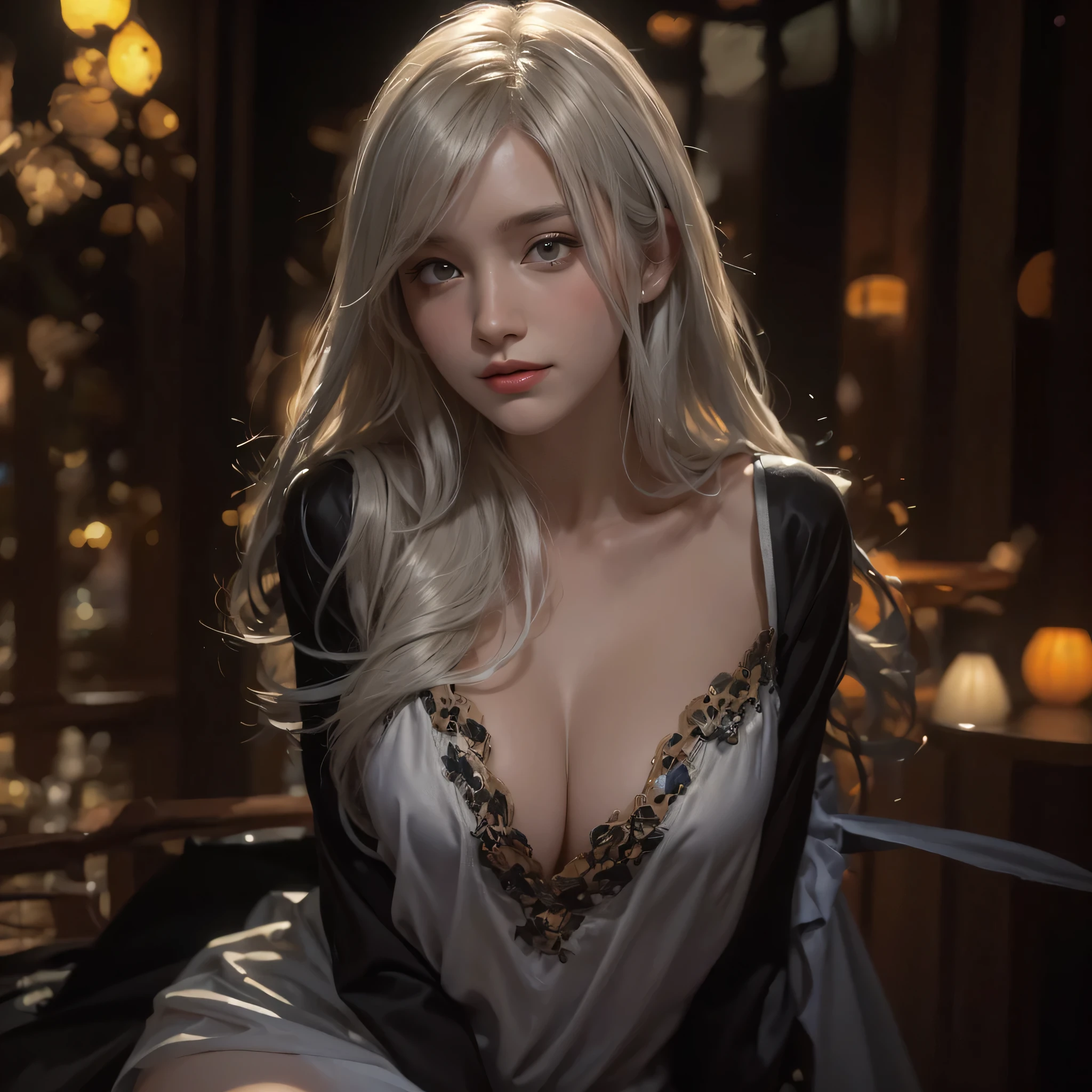 (front focus),(in the dark:1.6), Hyperrealist portrait of female by david hockney and alphonse mucha,fantasy art, photo realistic, dynamic lighting, artstation, poster, volumetric lighting, very detailed faces, 4 k, award winning,, 1girl, in the dark, deep shadow, low key,cowboy shot,(official clothing:1.4) ,long hair,white hair,
