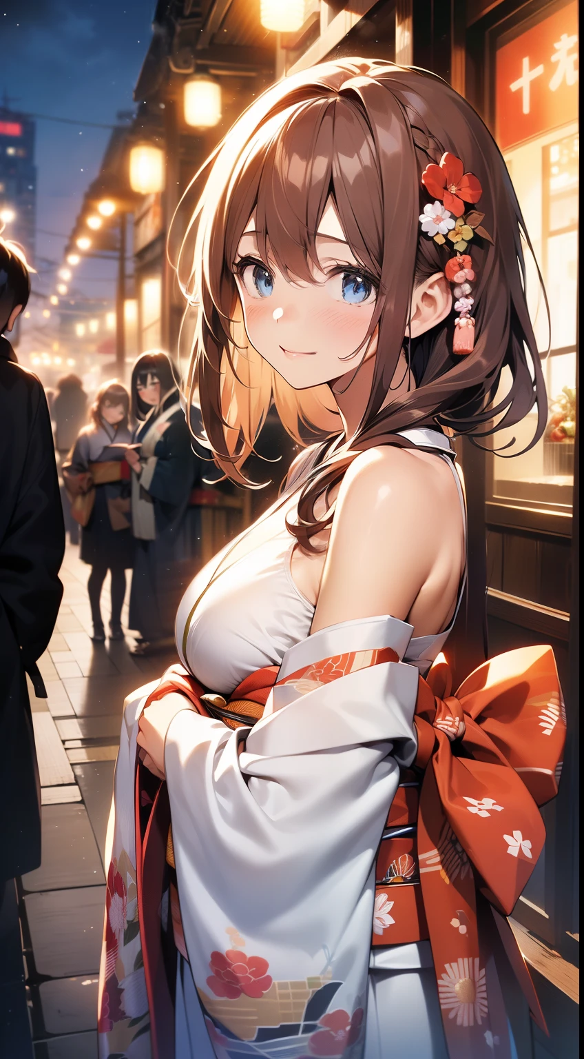 ((masterpiece, best quality, high resolution, ultra high definition, Pixel perfect, depth of field, 4K, RTX, human development report)))See the whole body,Long hair to waist,reddish brown hair,Short Liuhai,blue eyes, blush:1.2, Japanese anime style,Low-cut kimono exposes breasts,bare shoulders,Smile,Snowy nights