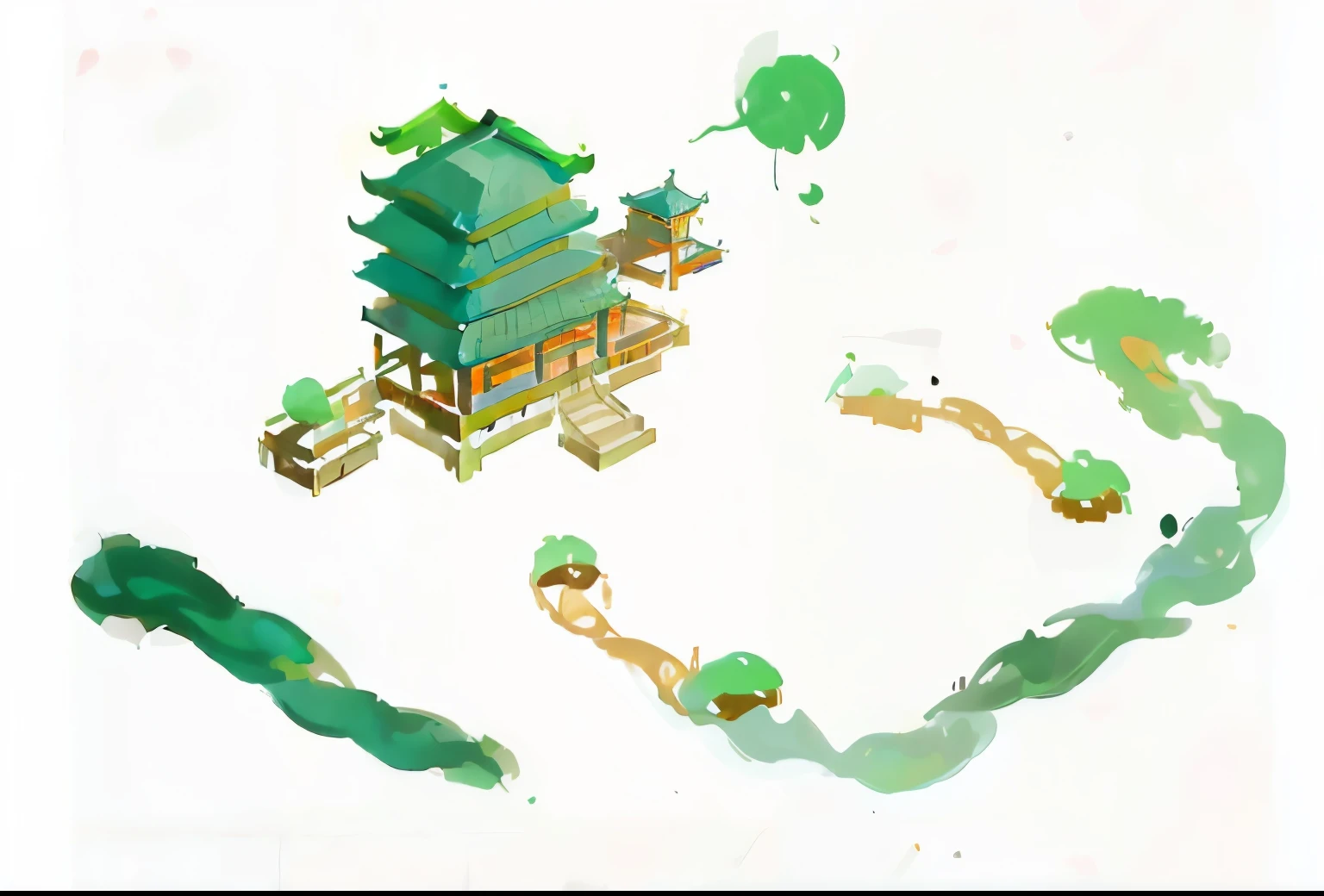  (Abstract), general, illustration, 2.5d, icon style, as background, architecture, traditional Chinese pavilion, green, simple, mysterious, magical, Chinese ink painting