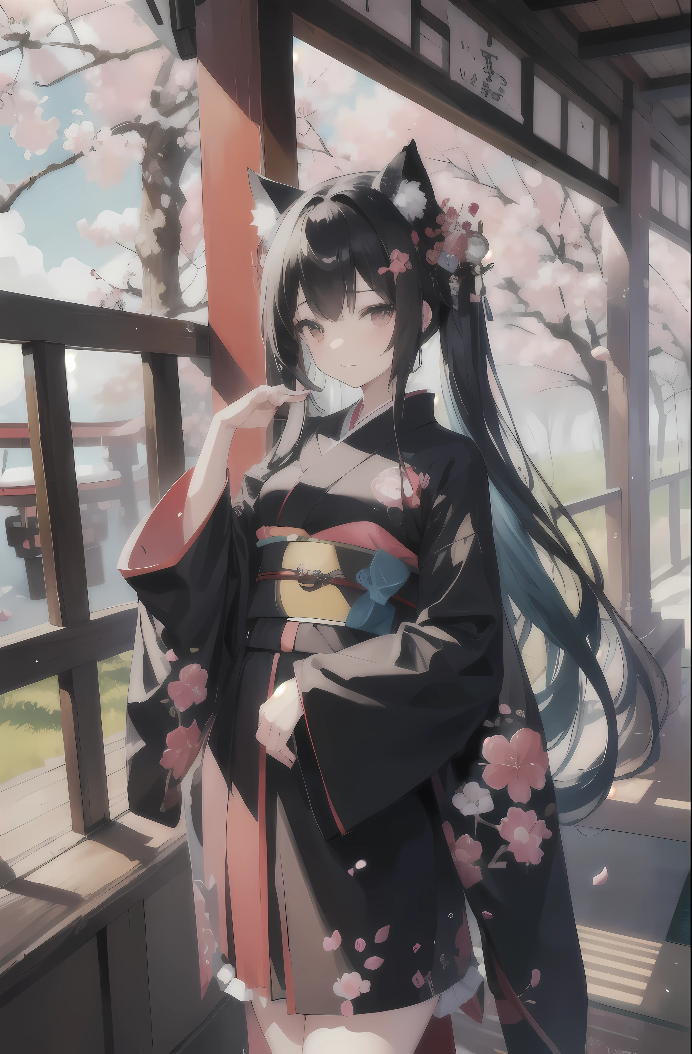 ​masterpiece、Top image quality、超A high resolution、miku hatsune、black hairs, red eye , hair tie by red string , cat ears on her head 、Blushing、Cute and shy、beautiful black Kimono designed with cherry blossom theme , kawaii red kimono belt tie by golden string flower designed 、firm breasts、well-shaped breasts、kyoto、Japan、during daytime、cherryblossom、Lots of cherry blossom petals、spring, high quality contrasty image , extra details on her eyes , remove blur , use saturated colours 