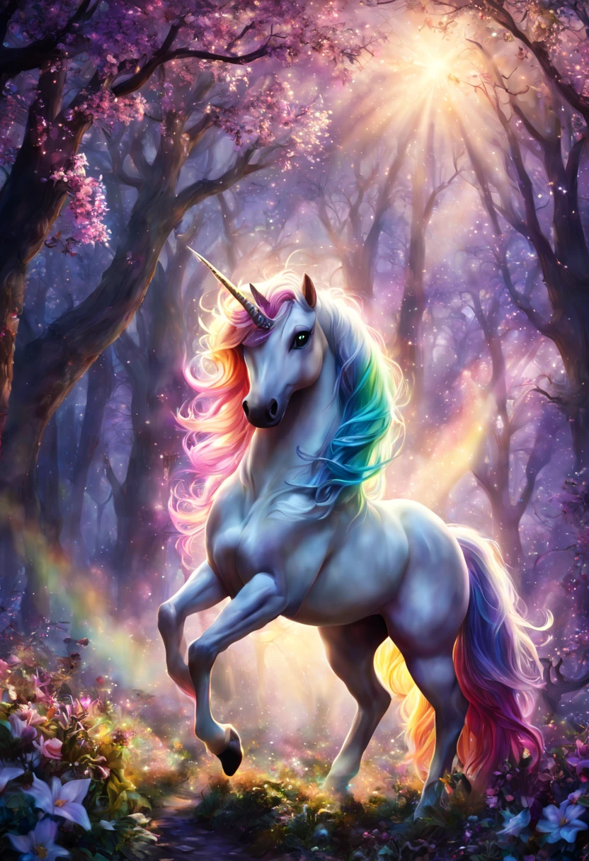 (best quality, 4k, 8k, highres:1.2), ultra-detailed, (realistic, photorealistic:1.37), portraits, unicorn, fantasy, enchanted, wonderland, sparkling, magical, wings, golden, mythical, ethereal, glowing mane, rainbow, galloping, prancing, lush forest, illuminated, tree branches dancing, mystical, night sky with stars, moonlit, ethereal mist, whimsical flowers, vivid colors, soft pastels, enchanted creatures, gentle nature, beautiful fantasy unicorn, magical creature, glowing horn, ethereal mane, shimmering scales, majestic presence, enchanting eyes, graceful movement, whimsical background, dreamlike landscape, vibrant colors, soft lighting, surreal atmosphere, mythical charm, mystical forest, sparkling stars, ethereal atmosphere, otherworldly beauty, magical aura, enchanting adventure, magnificent creature, fantastical realm, dreamy ambiance, captivating fantasy, fairytale-inspired, mystical journey, magical realm, tranquil setting.