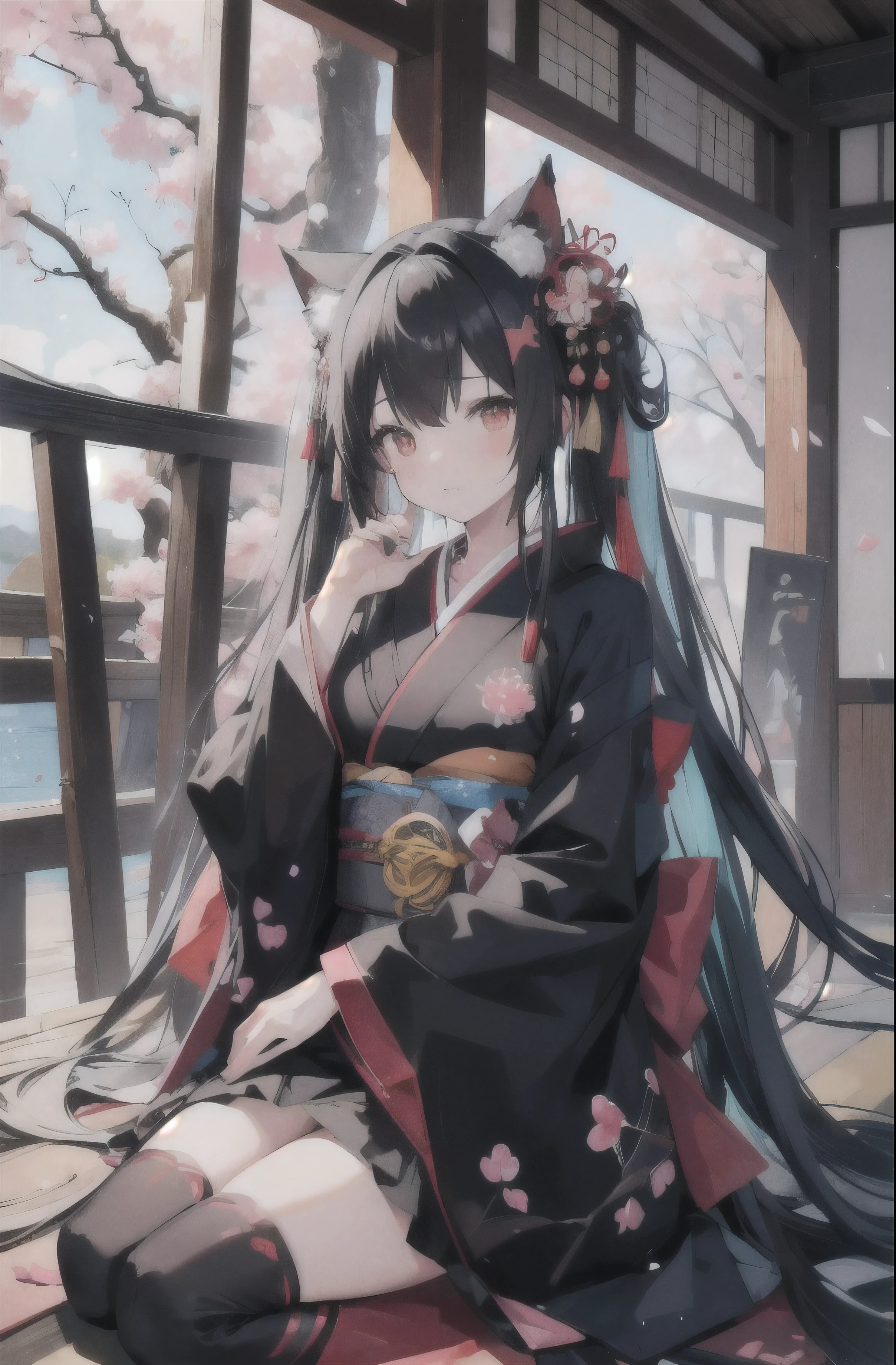 masterpiece、Top image quality、超A high resolution、miku hatsune、black hairs, red eye , hair tie by red string , cat ears on her head 、Blushing、Cute and shy、beautiful black Kimono designed with cherry blossom theme , kawaii red kimono belt tie by golden string flower designed 、firm breasts、well-shaped breasts、kyoto、Japan、during daytime、cherryblossom、Lots of cherry blossom petals、spring, high quality contrasty image , extra details on her eyes , remove blur , use saturated colours