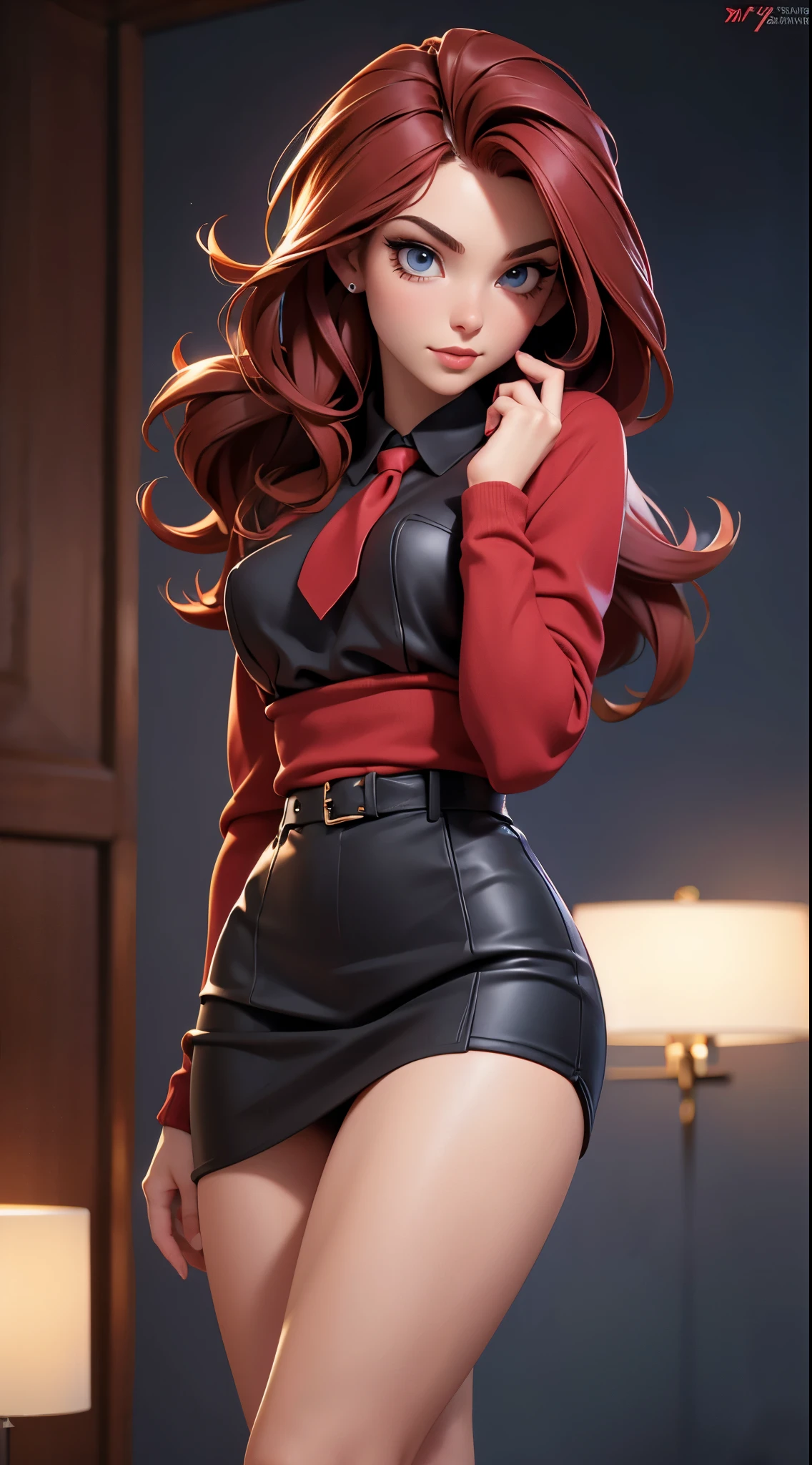 (best quality,4k,8k,highres,masterpiece:1.2),ultra-detailed,(realistic,photorealistic,photo-realistic:1.37),brunette woman,21 years old,thin and small,(beautiful,gorgeous:detailed) eyes,(beautiful,gorgeous:detailed) lips,(extremely detailed,defined) eyes and face,longeyelashes,college uniform,(red,crimson) tie,(red,scarlet) hair,(beautiful,attractive) beauty,(high,dark) stockings,(short,knee-length) black skirt, (stylish,classy), (elegant,sophisticated) pose, (bright,vibrant) lighting, (portrait,concept artist), (warm,rich) color tone