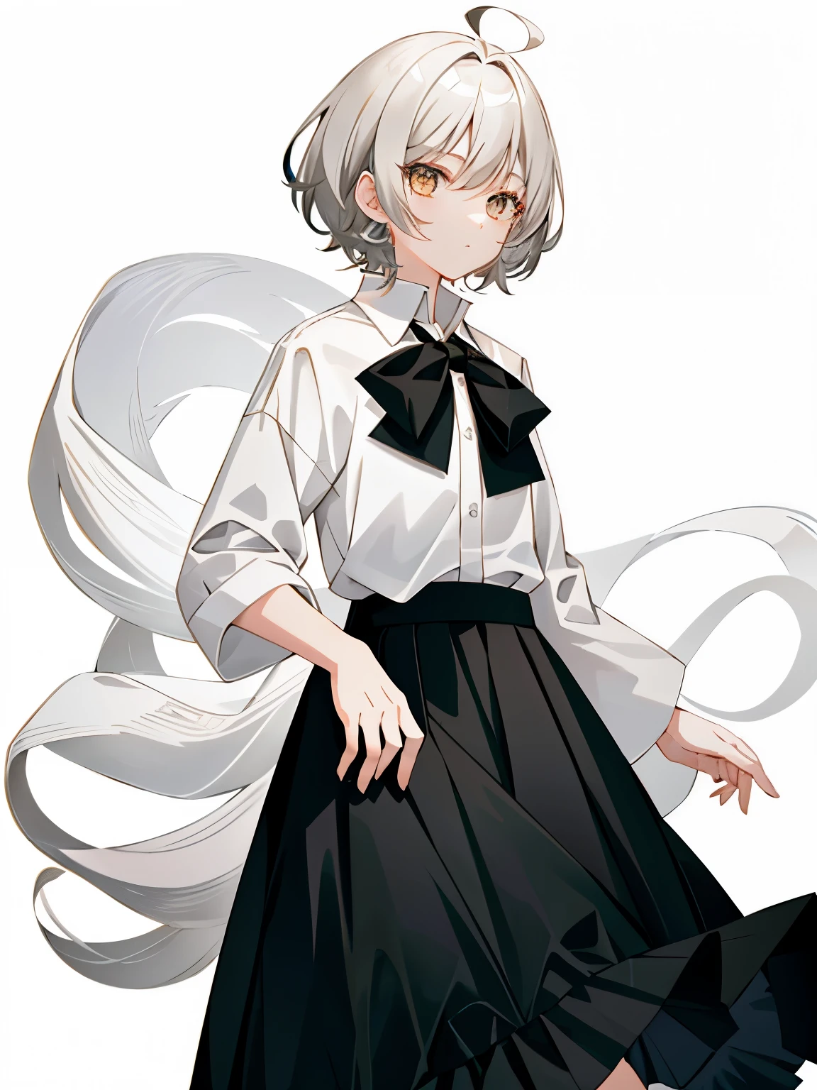 (1 girl), (alone), (female focus), (Ahoge, gray hair, short hair), black eye, ((white shirt), (buttoned shirt)), ((black skirt), (long skirt)),stand，white background，