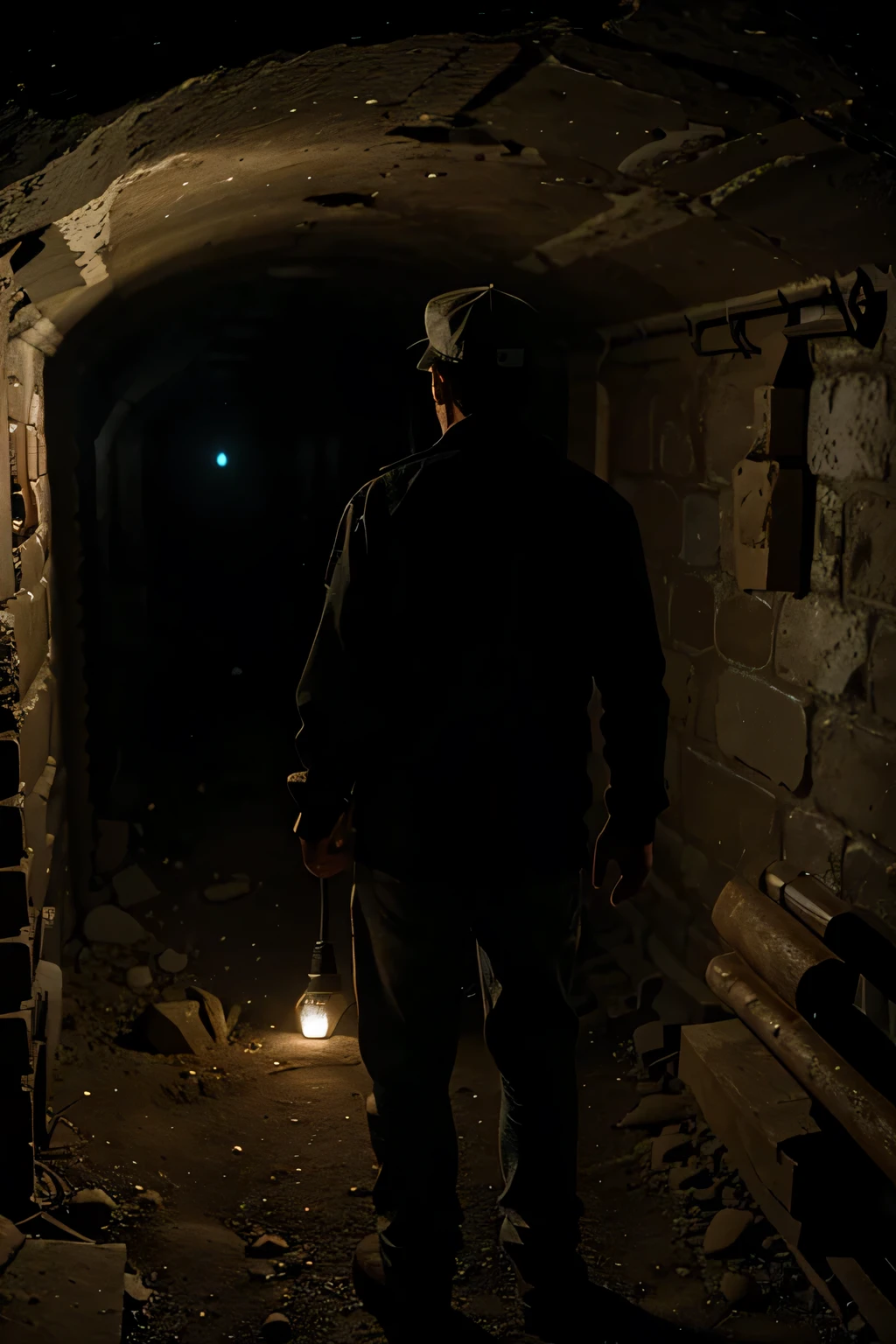 homme d'âge moyen vu de dos explorant une mine souterraine avec une lumière frontale sur la tête, les murs de la mine brillent